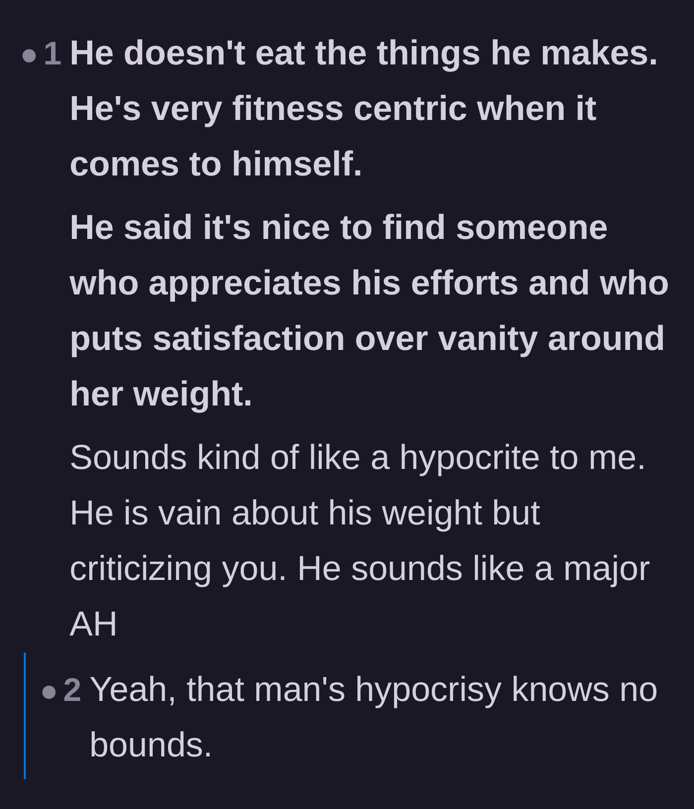 Comment thread 3 - Highlighting the stark hypocrisy of a husband prioritizing his own fitness while calling his wife vain.