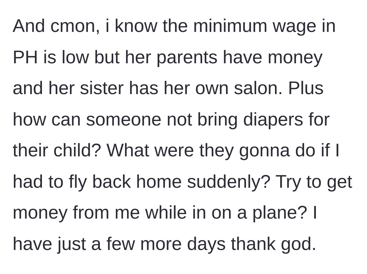 Story part 4 - The boyfriend points out the sister owns a business and the parents are wealthy, highlighting the absurd risk of leaving him financially stranded.