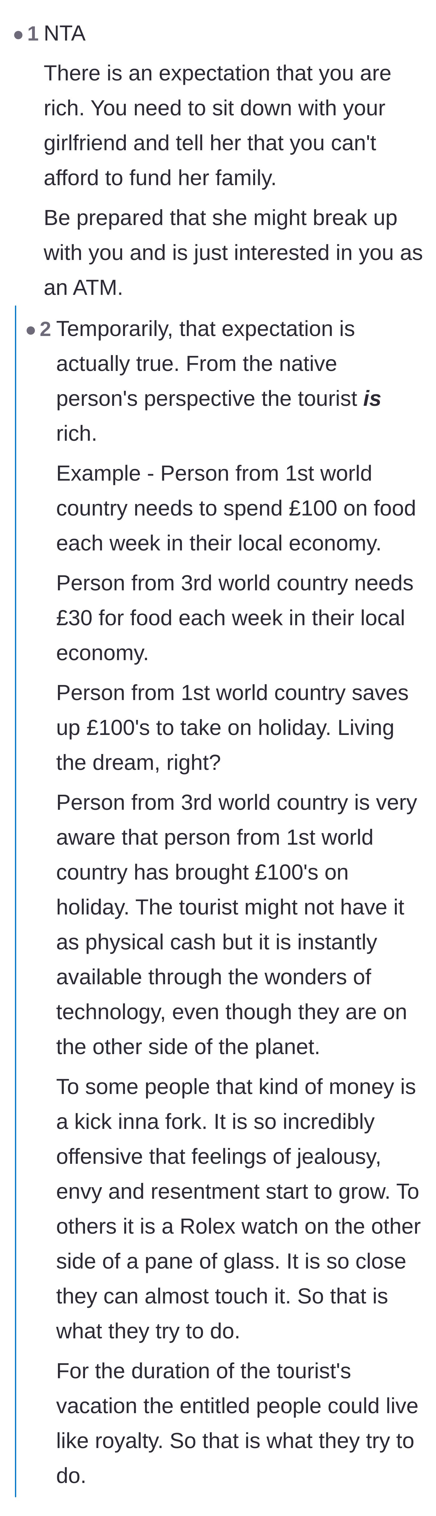 Comment thread 1 - A discussion breaking down the flawed 'rich tourist' expectation and a local calling out the girlfriend's behavior as greed, not culture.