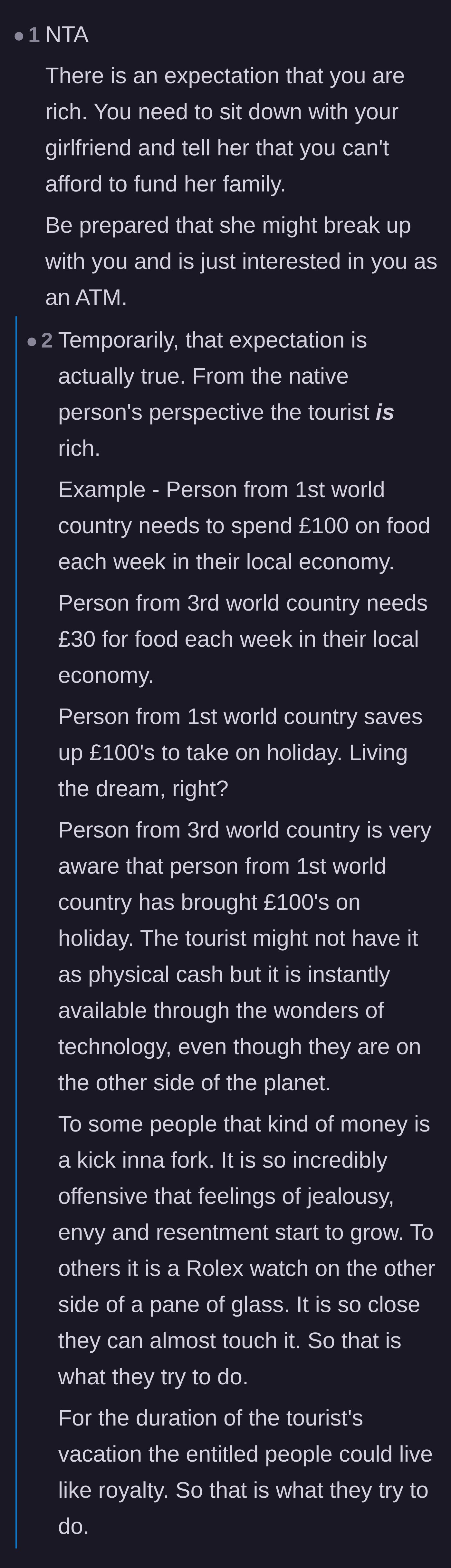 Comment thread 1 - A discussion breaking down the flawed 'rich tourist' expectation and a local calling out the girlfriend's behavior as greed, not culture.
