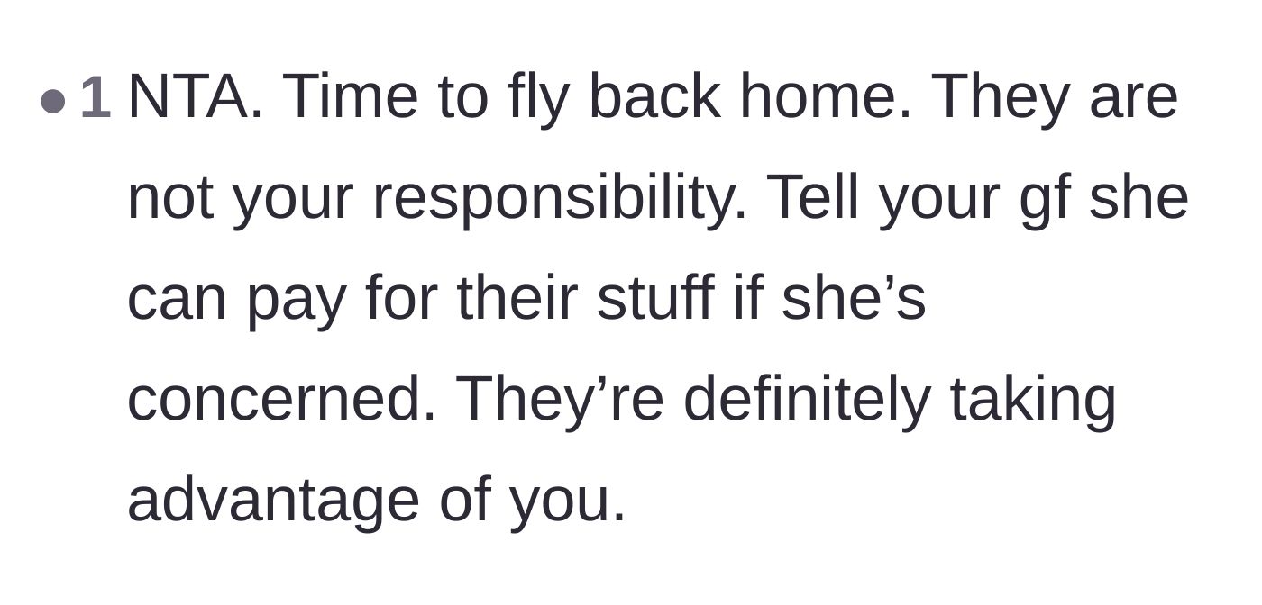 Comment thread 4 - A direct suggestion to pack up, fly home, and let the girlfriend foot the bill for her own family.