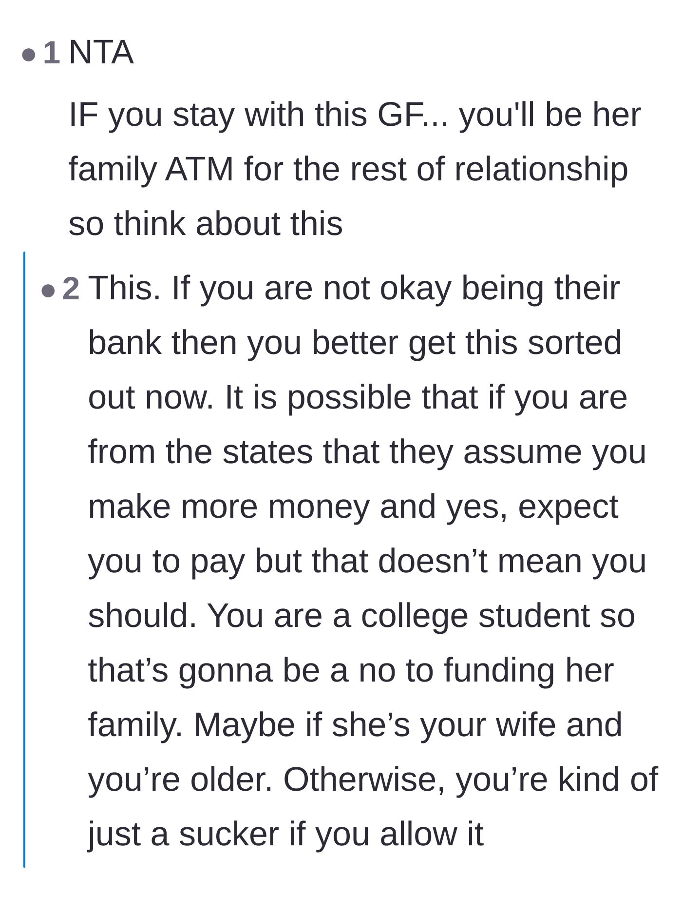 Comment thread 5 - A blunt warning that staying in this relationship guarantees a lifetime of being treated like a bank.