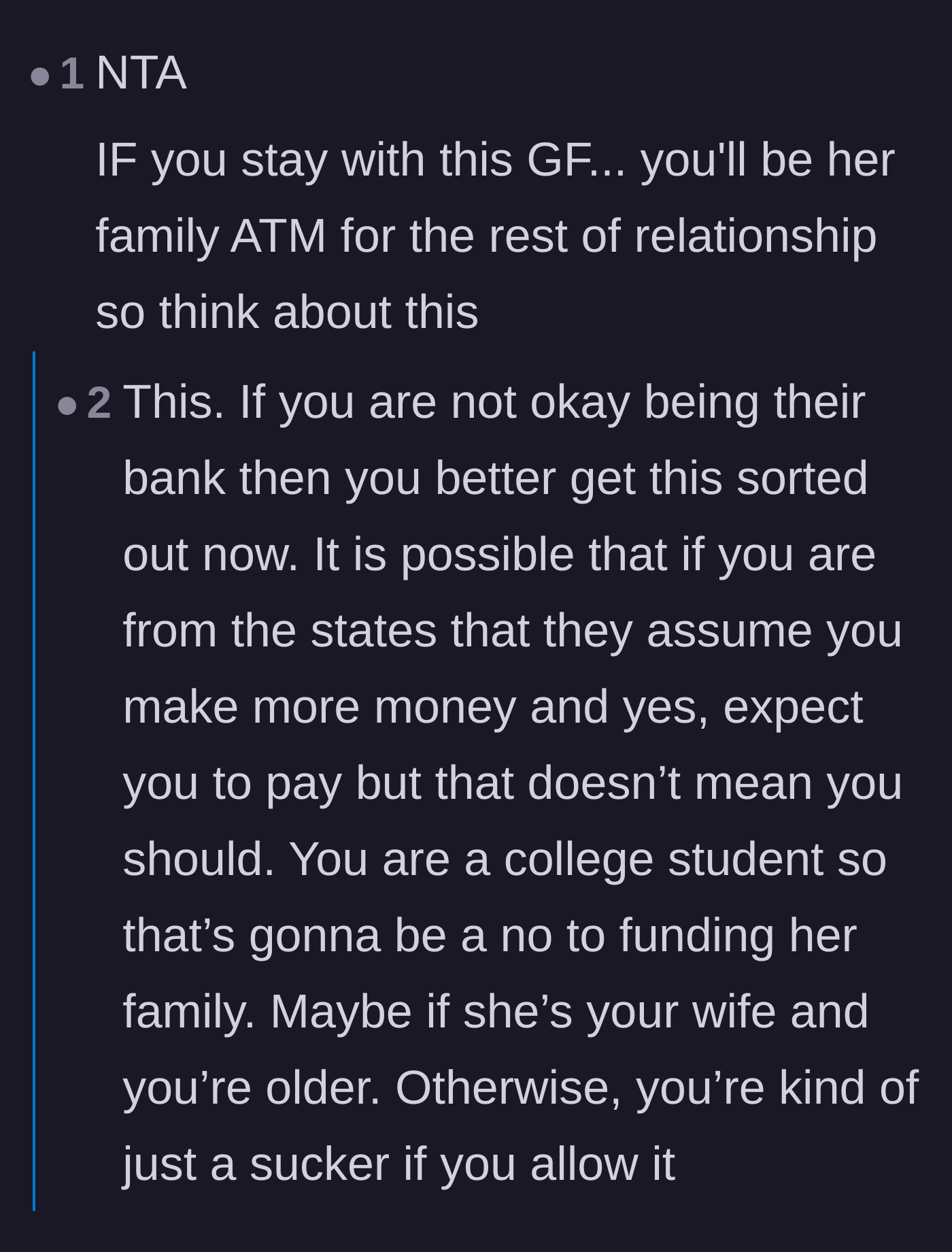 Comment thread 5 - A blunt warning that staying in this relationship guarantees a lifetime of being treated like a bank.