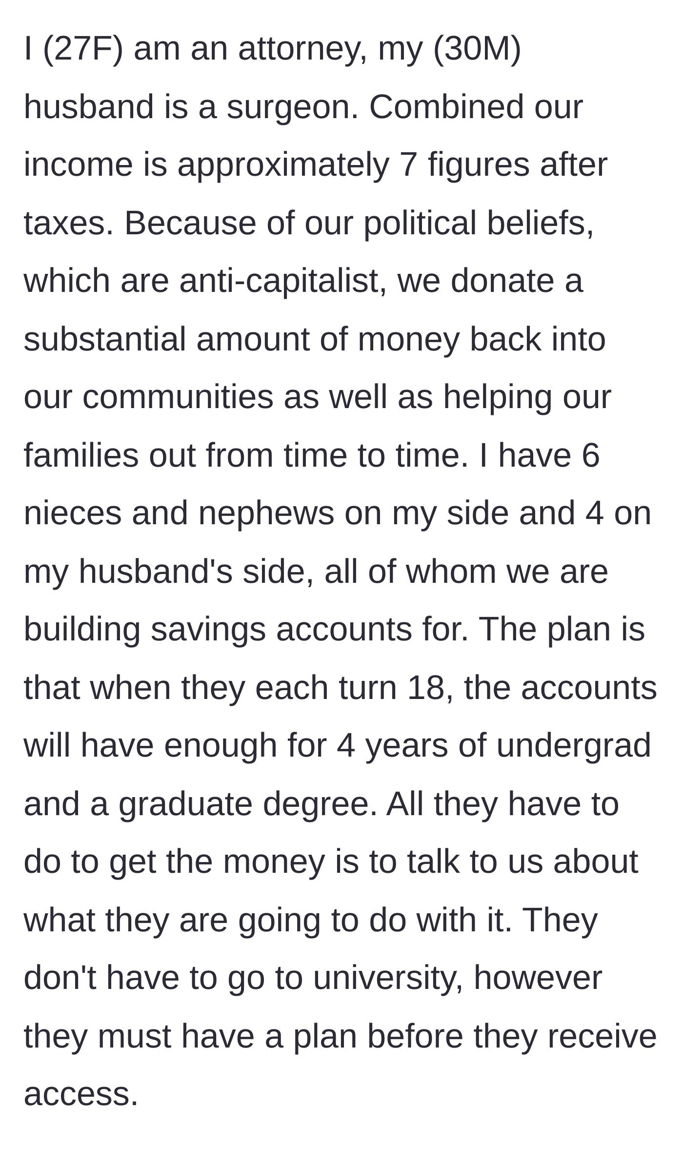 Story part 1 - High-earning young couple details their massive charitable giving and college funds for ten nieces and nephews.
