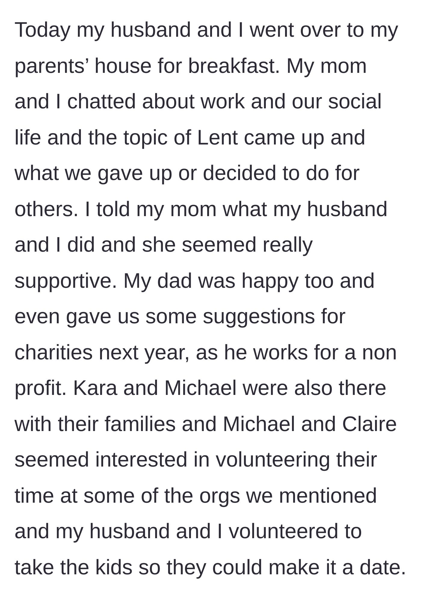 Story part 4 - A pleasant family breakfast where the parents and brother express support for the couple's charitable donations.