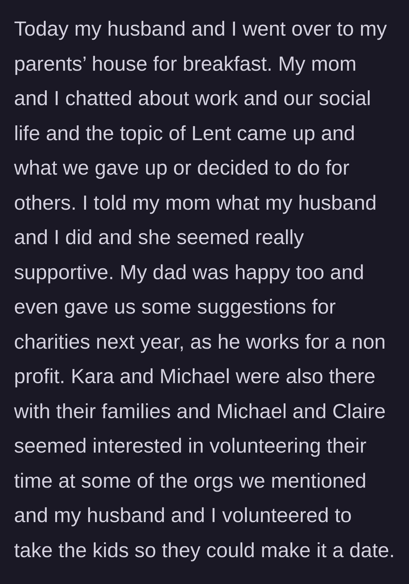 Story part 4 - A pleasant family breakfast where the parents and brother express support for the couple's charitable donations.