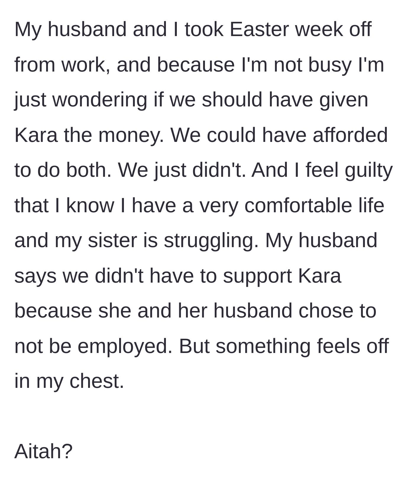 Story part 6 - The main character expresses unearned guilt during her vacation, questioning if she should have just handed over the cash.