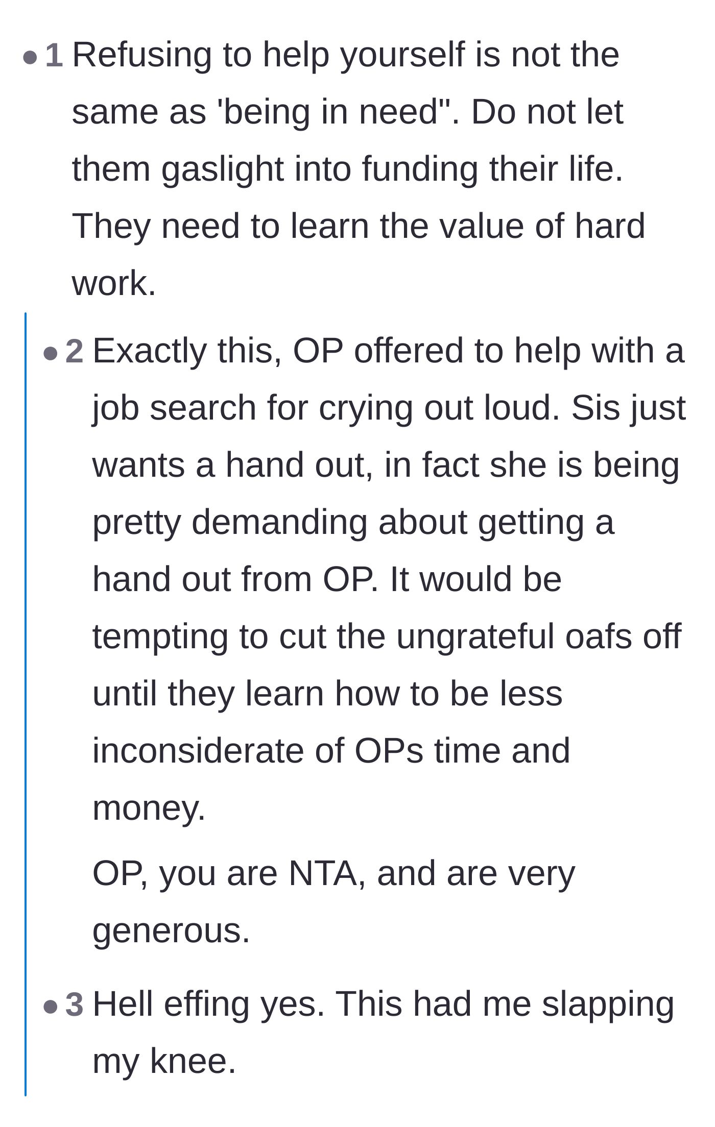 Comment thread 2 - Distinguishing between genuine need and a deliberate refusal to work, with users sharing similar family crises.