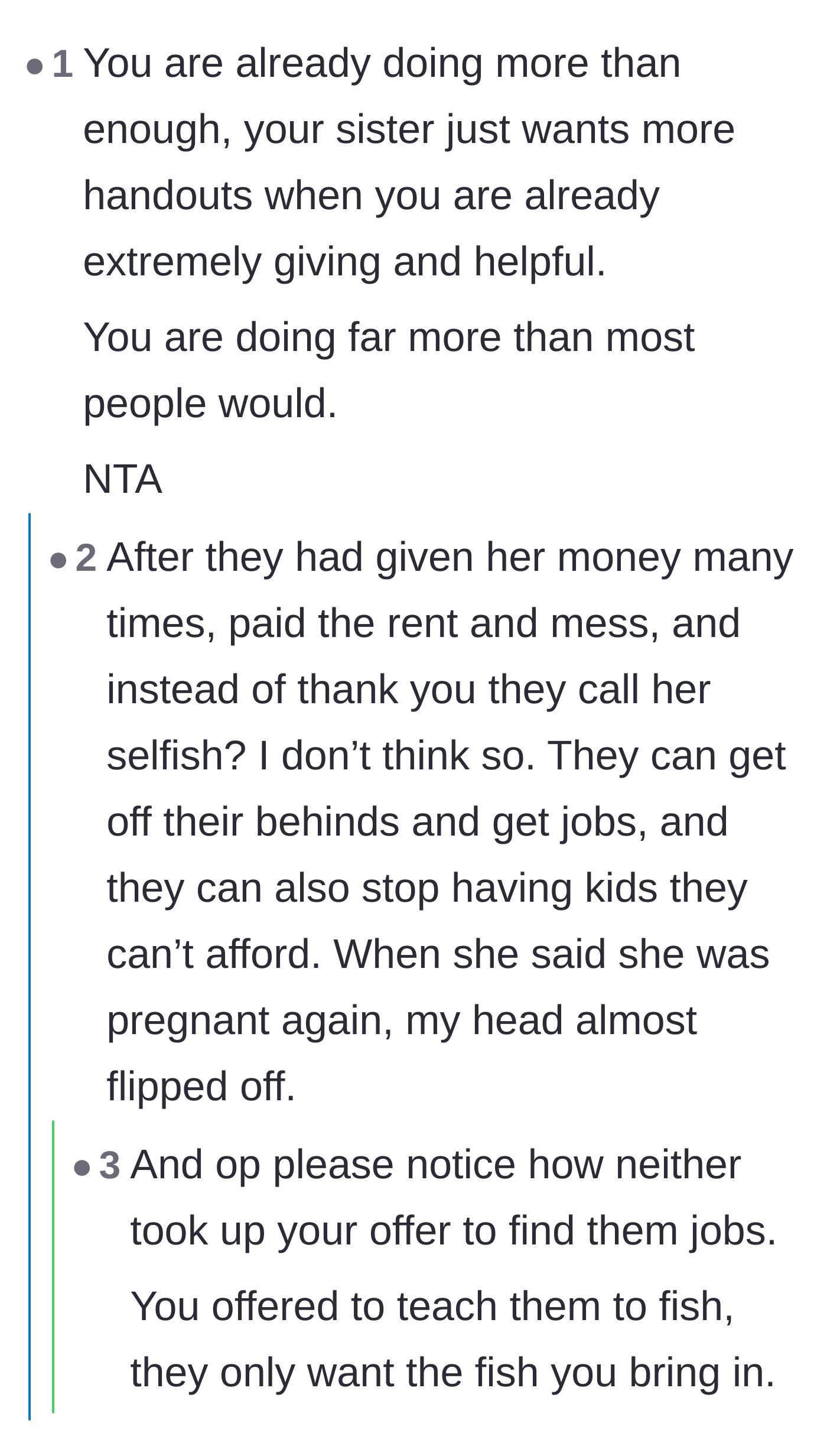 Comment thread 3 - Highlighting the sister's refusal to accept job assistance in favor of demanding a lifetime of unearned income.