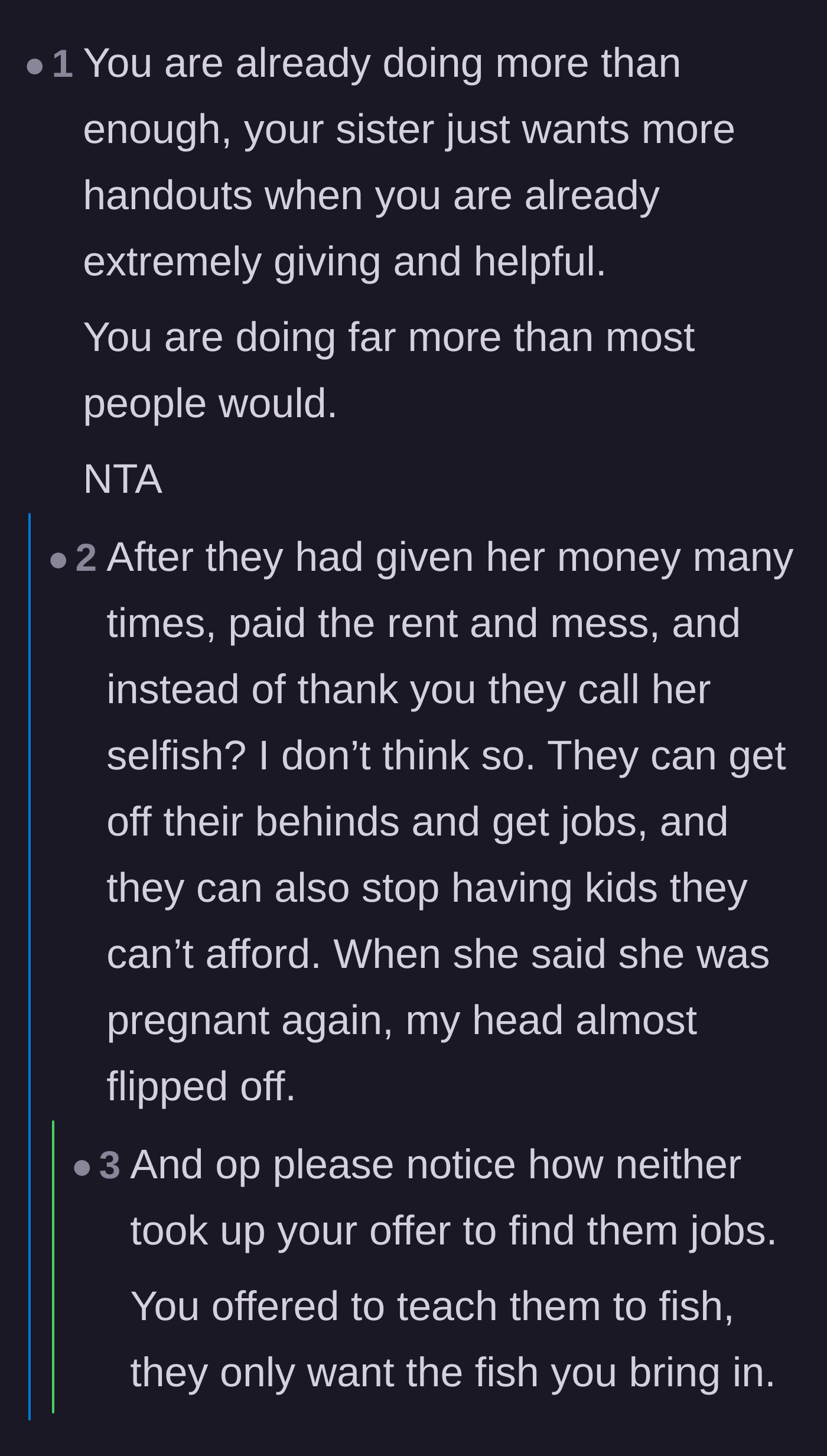 Comment thread 3 - Highlighting the sister's refusal to accept job assistance in favor of demanding a lifetime of unearned income.