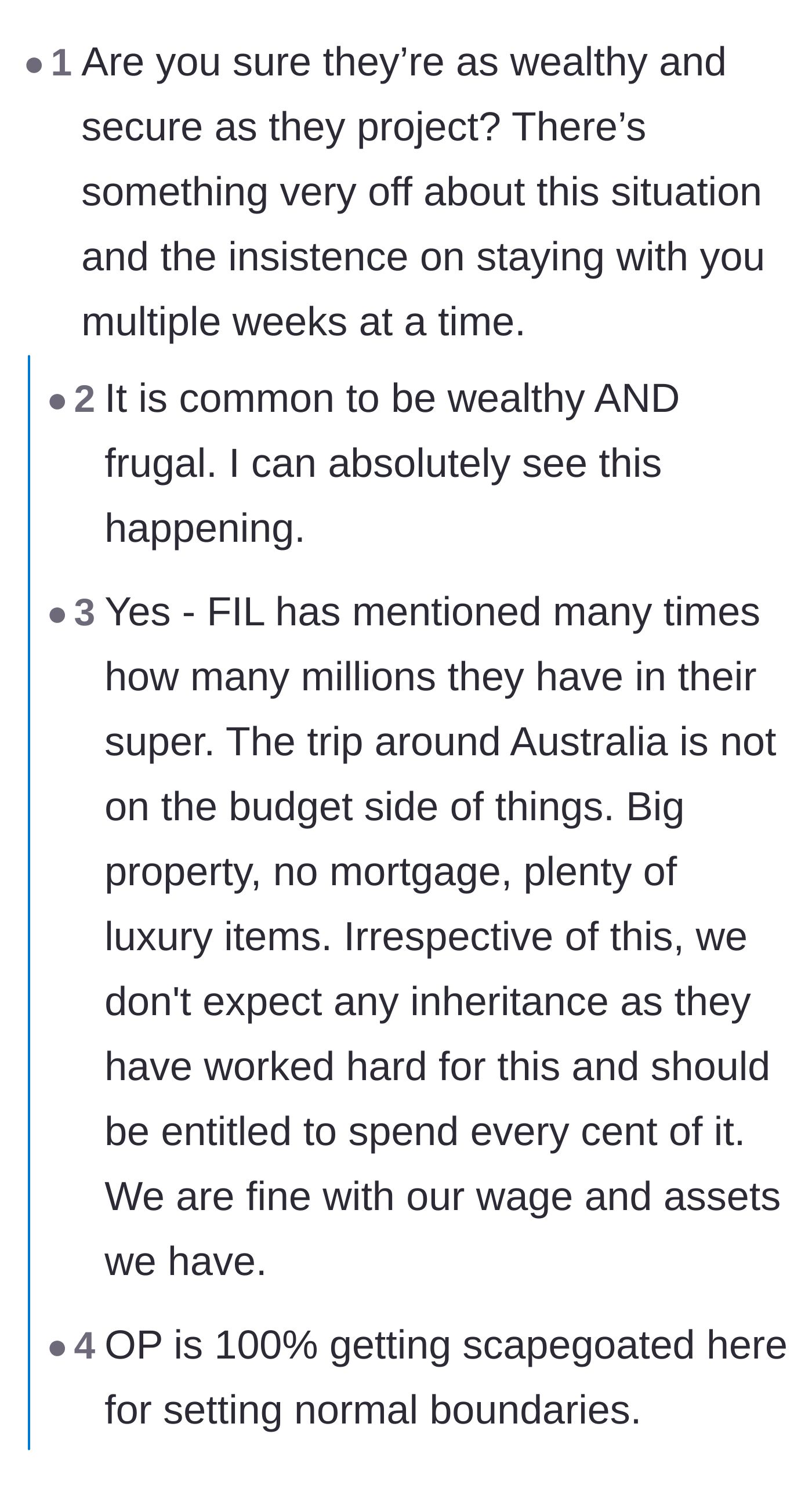Comment thread 1 - Readers debating whether the in-laws are secretly broke, culturally enmeshed, or just classic wealthy cheapskates.