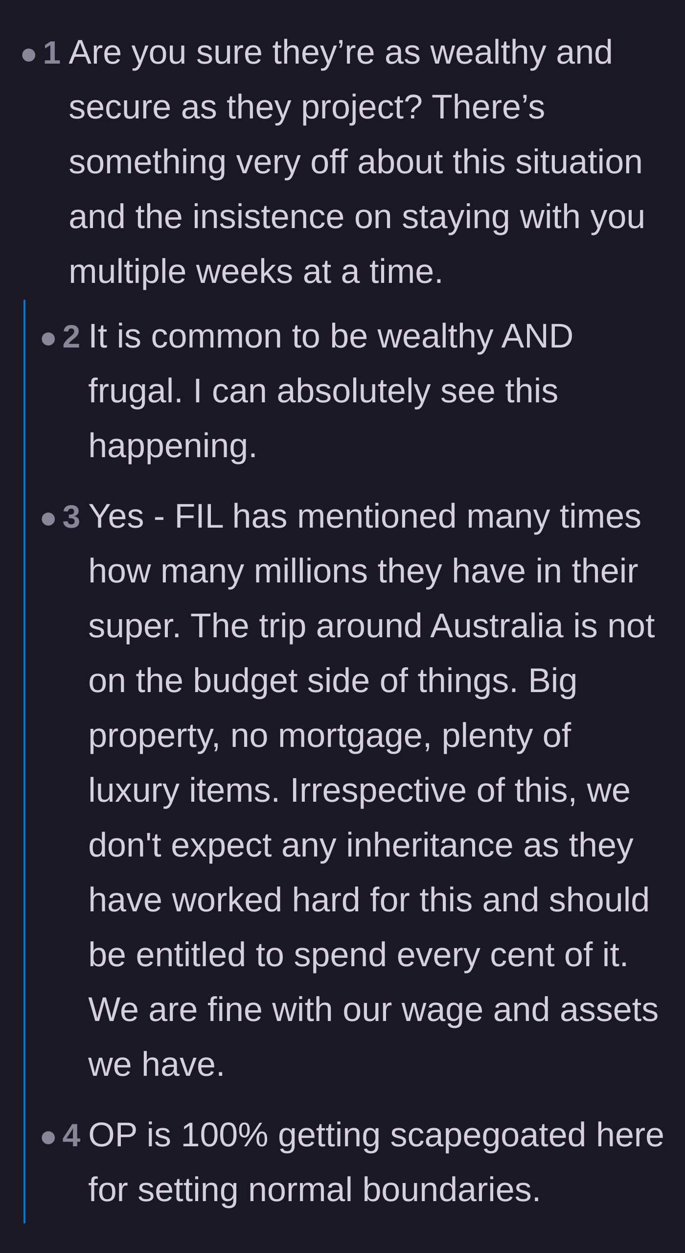 Comment thread 1 - Readers debating whether the in-laws are secretly broke, culturally enmeshed, or just classic wealthy cheapskates.