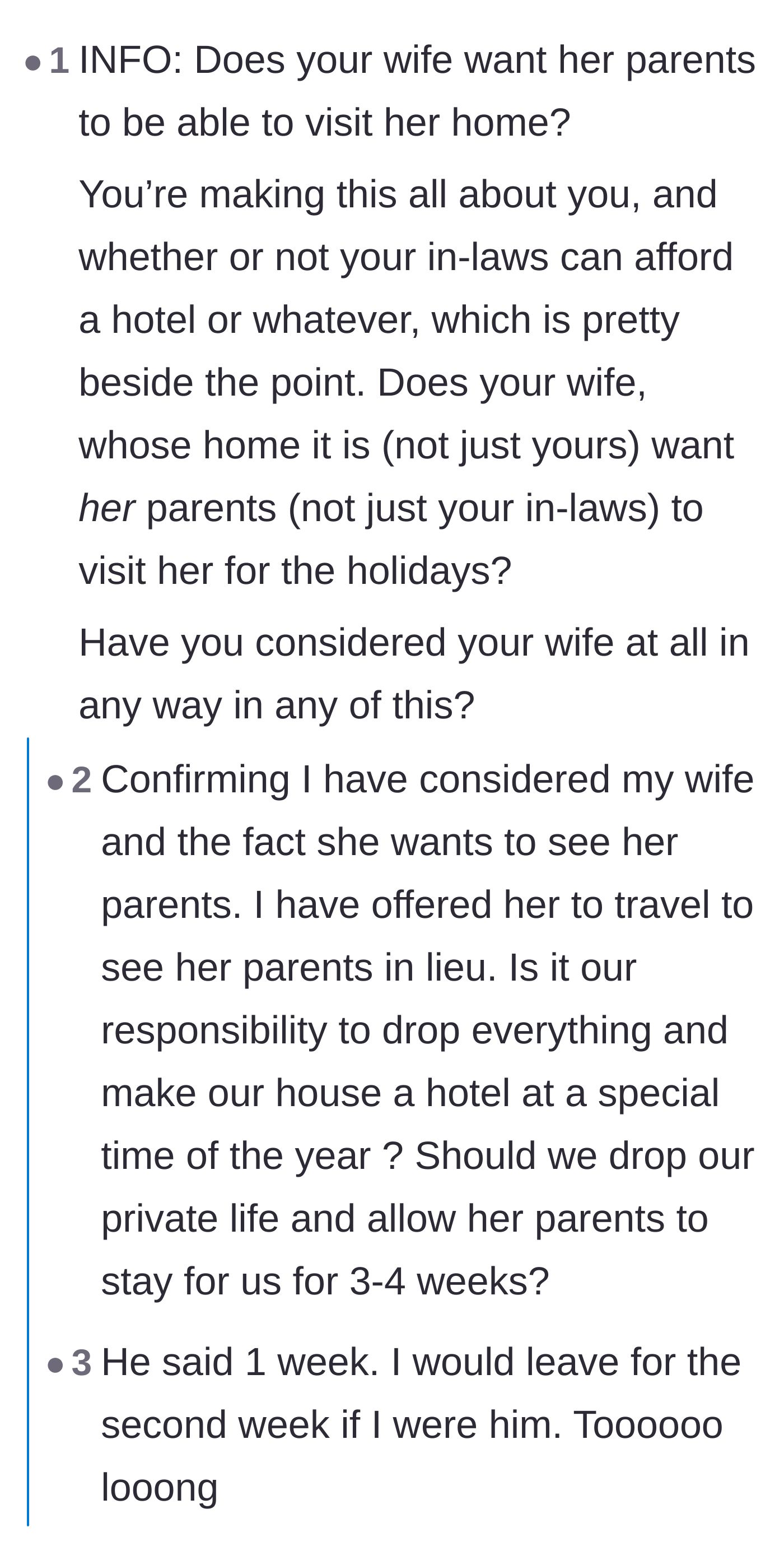 Comment thread 3 - Users discussing the absolute horror of leaving older parents completely unsupervised in your home while on vacation.