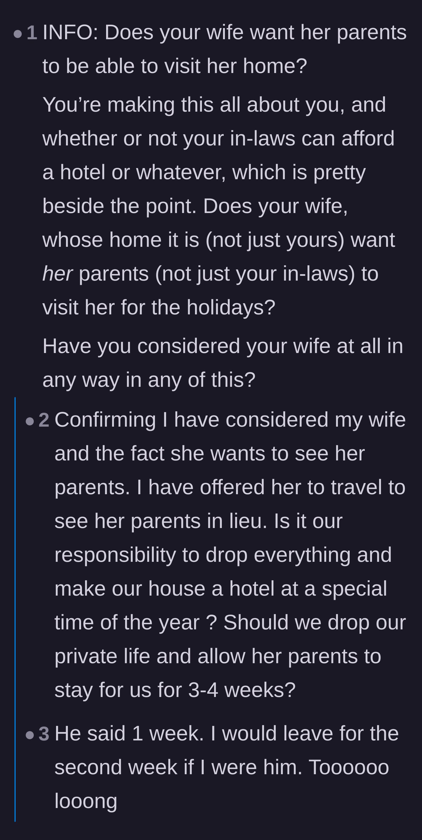 Comment thread 3 - Users discussing the absolute horror of leaving older parents completely unsupervised in your home while on vacation.