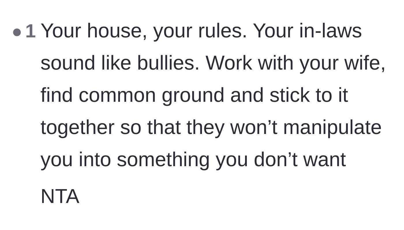 Comment thread 4 - A supportive user calling the in-laws bullies and urging the couple to present a united front.