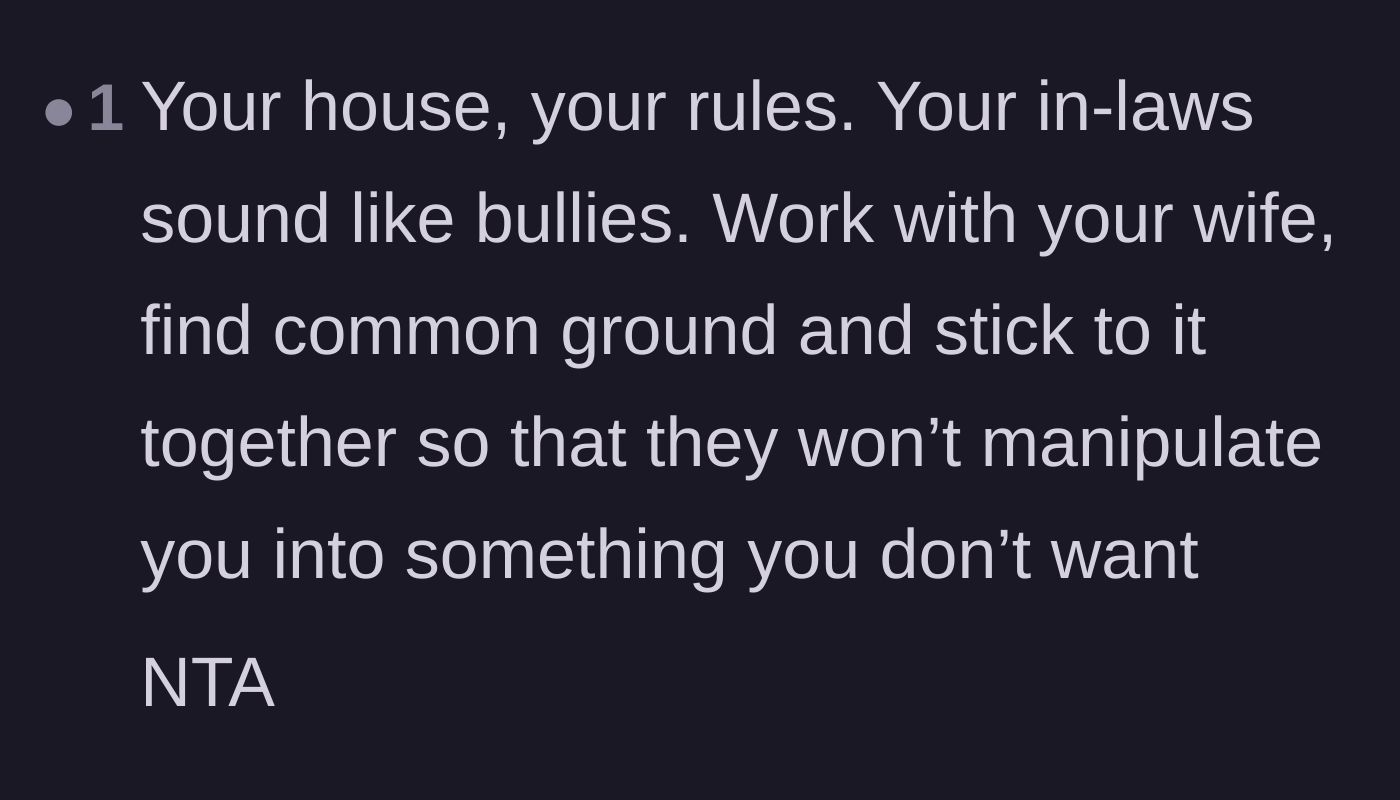 Comment thread 4 - A supportive user calling the in-laws bullies and urging the couple to present a united front.