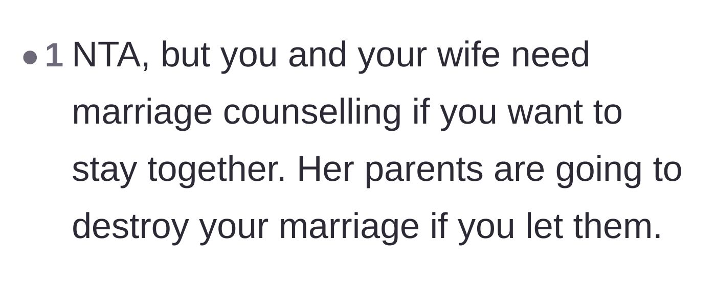 Comment thread 6 - A stark warning that the couple needs marriage counseling before the parents destroy their relationship.