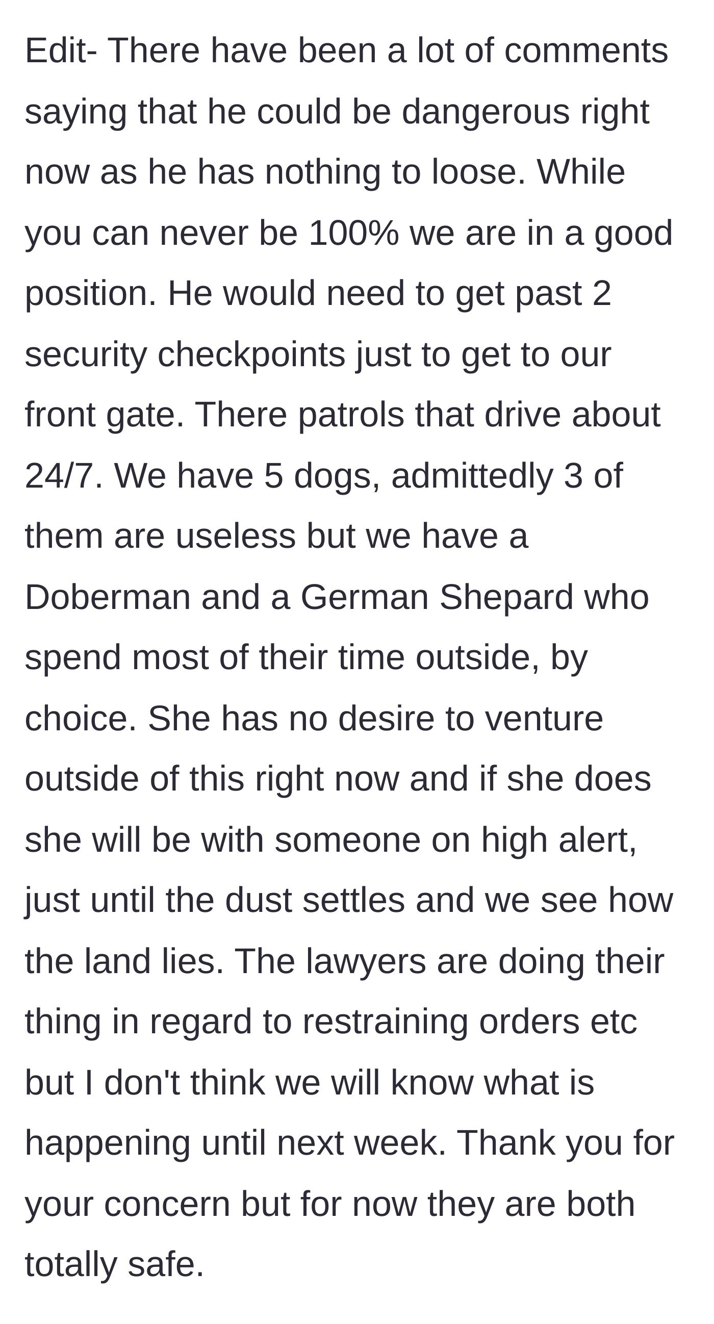 Story part 13 - Detailing the extensive compound security ensuring the victims' complete safety.