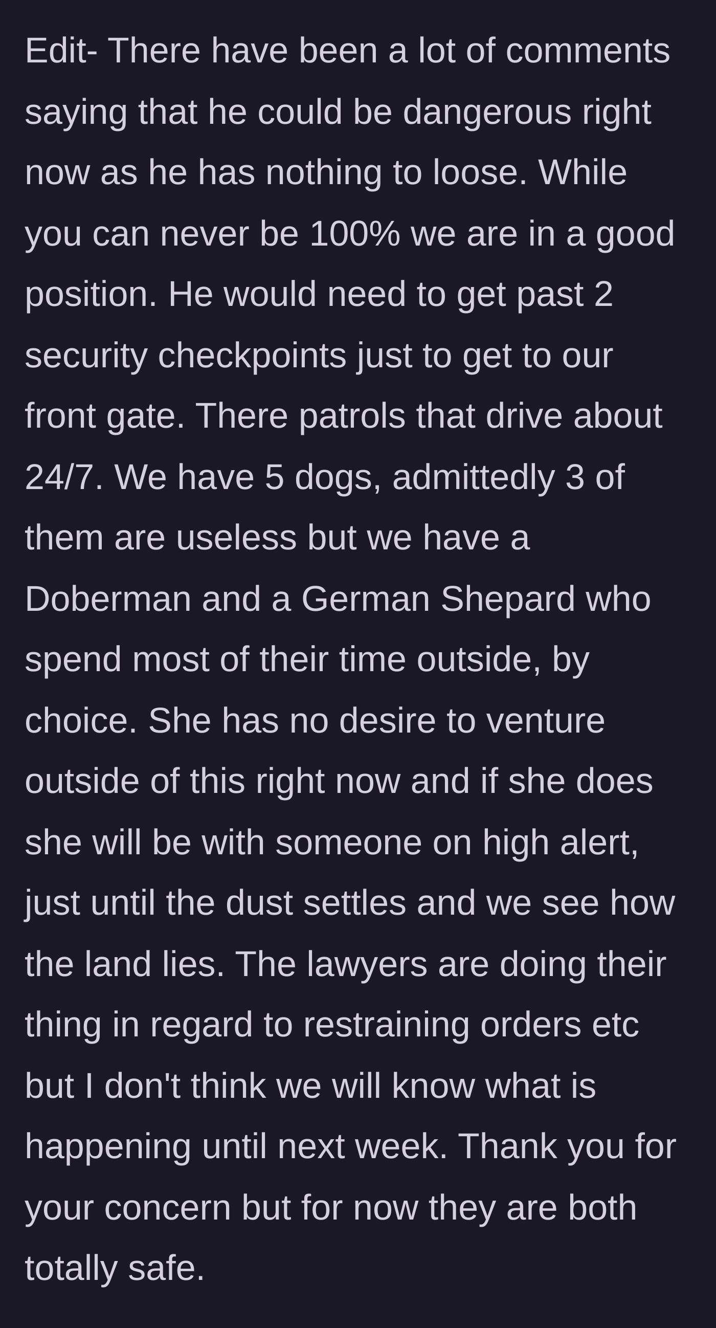 Story part 13 - Detailing the extensive compound security ensuring the victims' complete safety.