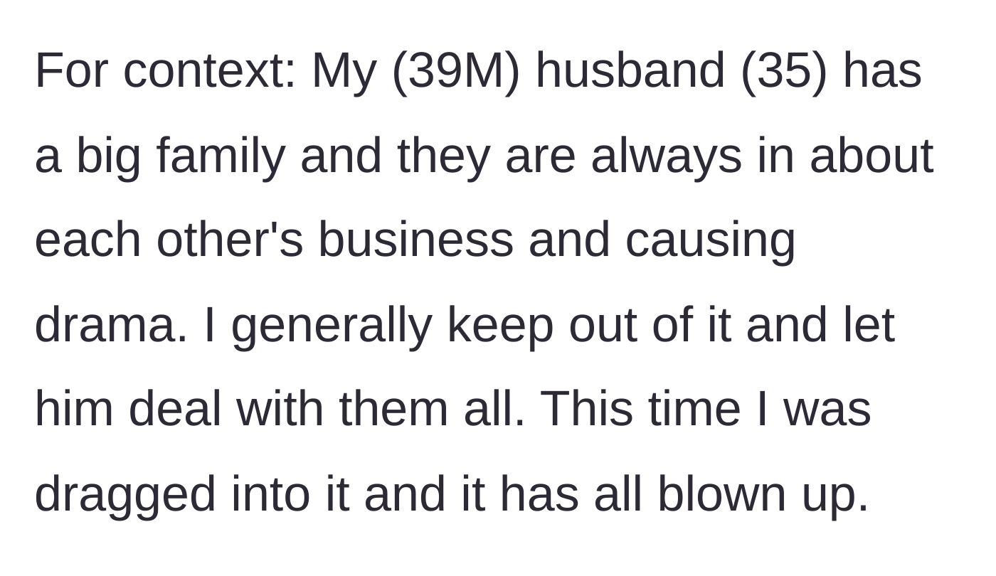 Story part 1 - Introducing the husband's dramatically chaotic family dynamic.