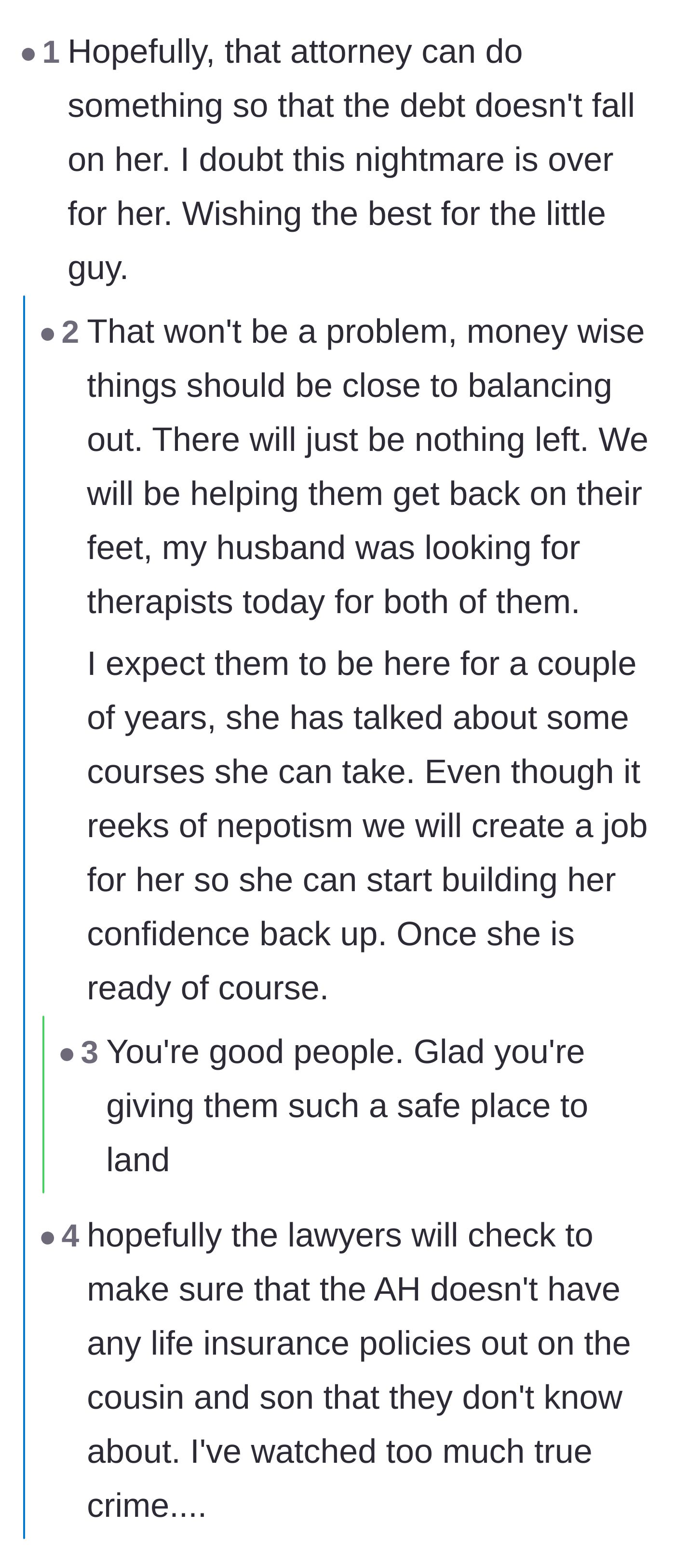 Comment thread 2 - A discussion about shielding the wife from the secret debt and offering her a job to rebuild her confidence.