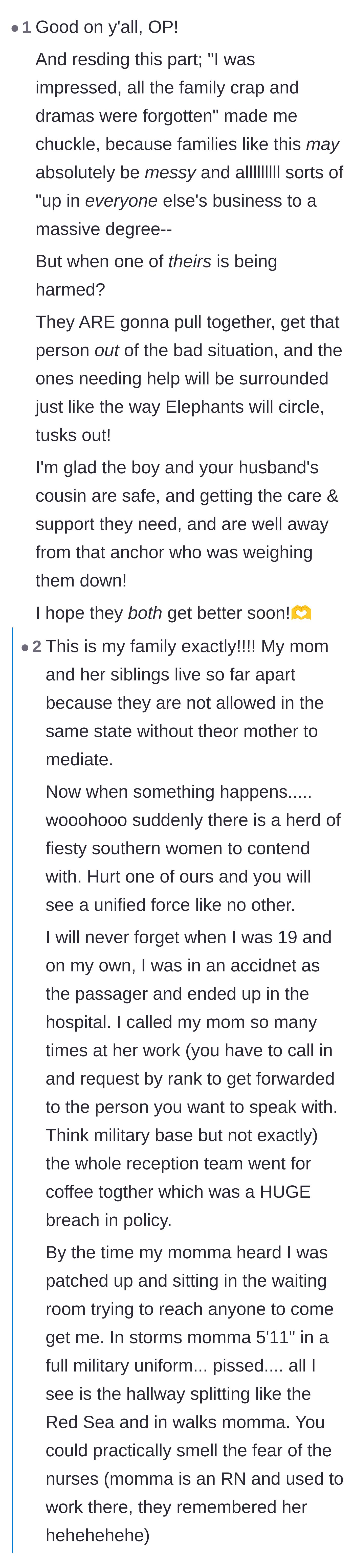 Comment thread 4 - Readers swapping stories about messy, dramatic families suddenly uniting to fiercely protect one of their own.