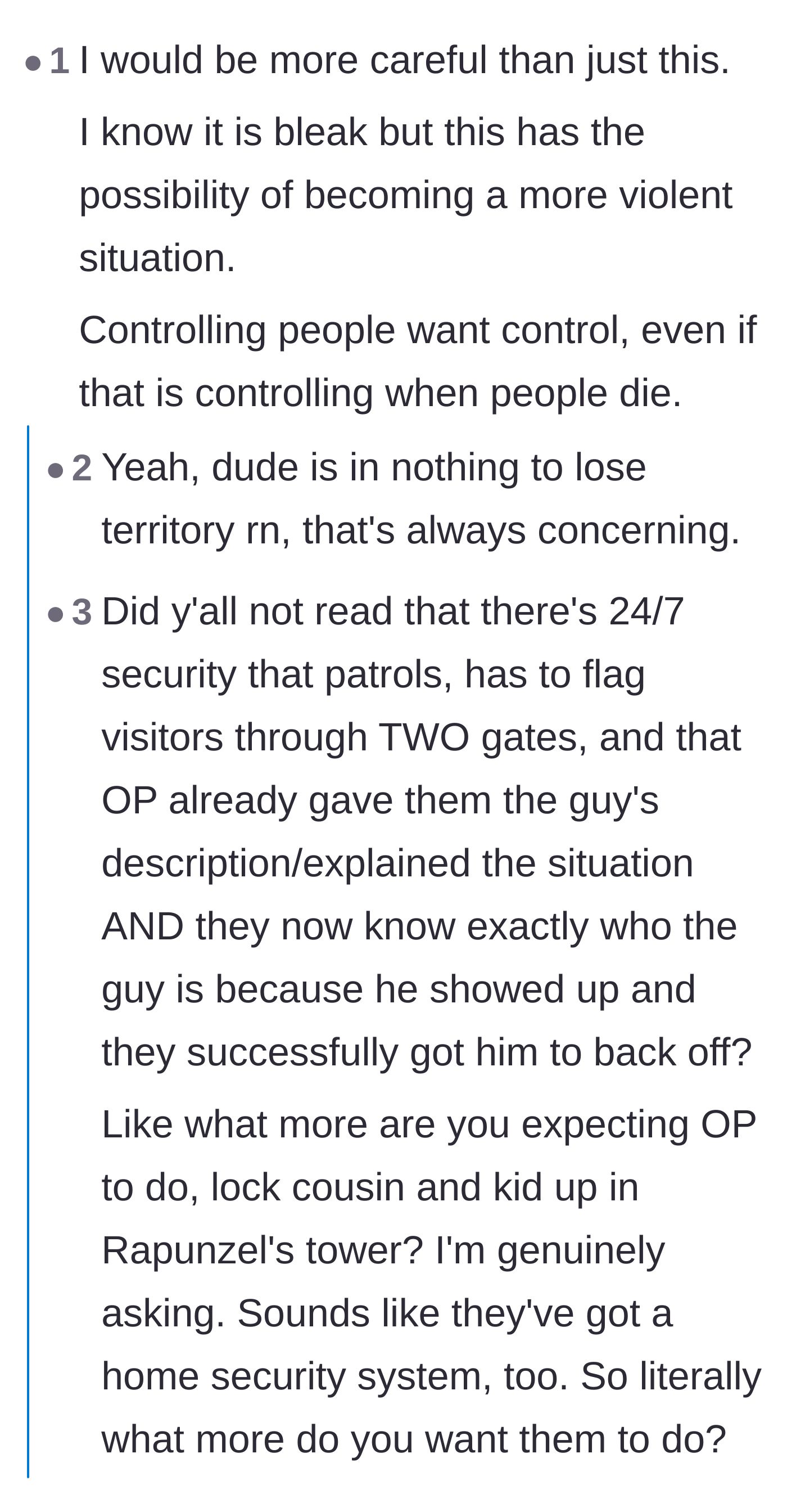 Comment thread 6 - A debate over the husband's potential for violence and a reminder of the author's impenetrable compound security.