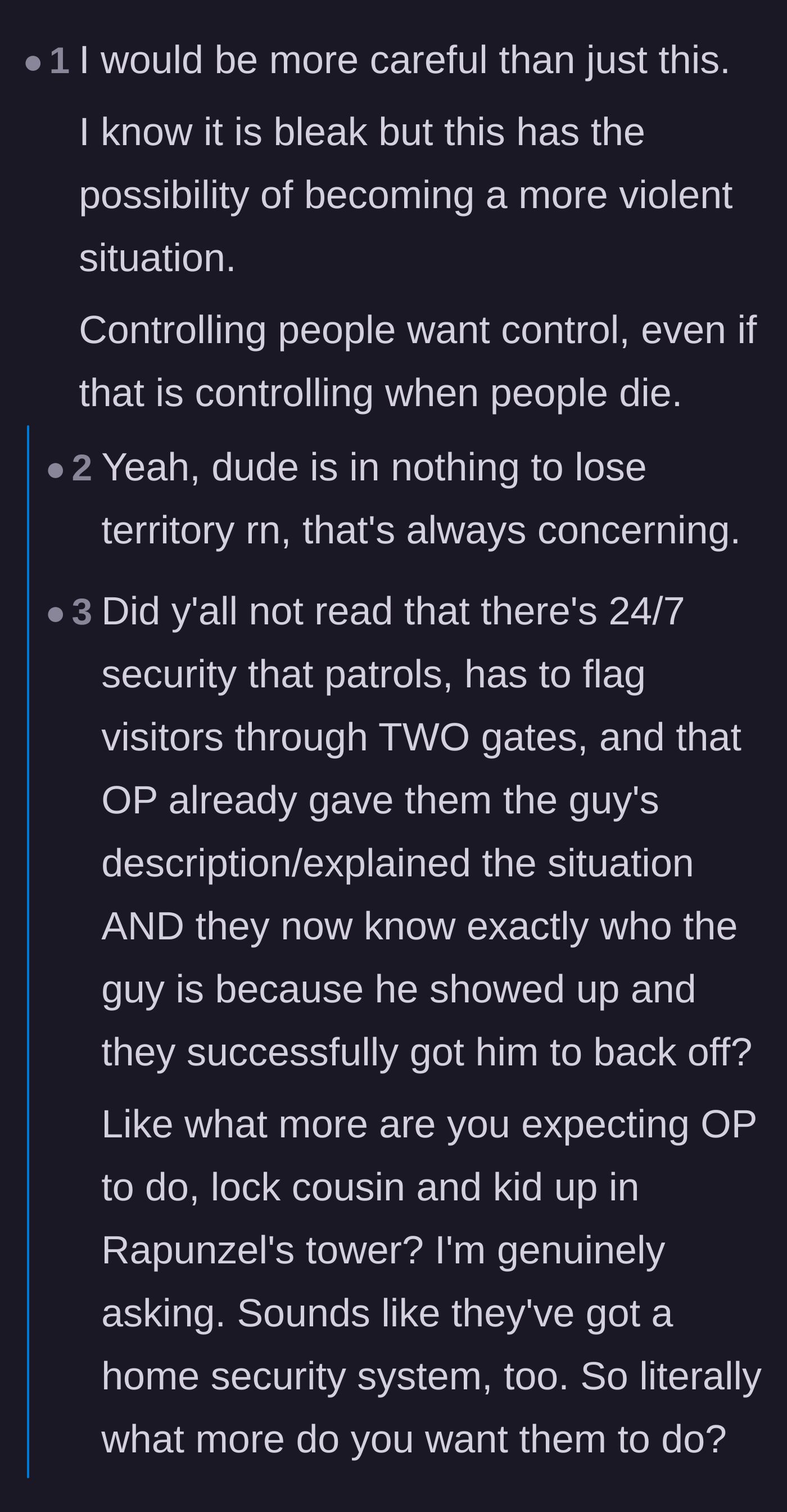 Comment thread 6 - A debate over the husband's potential for violence and a reminder of the author's impenetrable compound security.