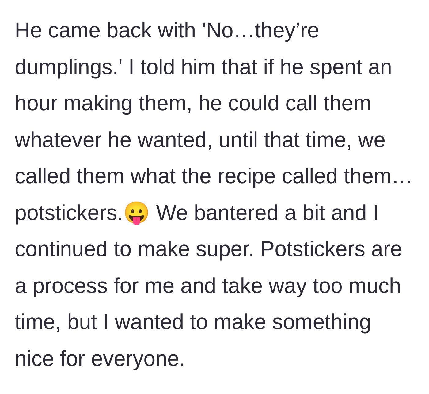 Story part 2 - The cook calmly explains that she will use the recipe's name for the dish she spent an hour making.