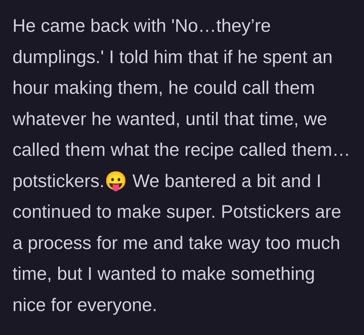 Story part 2 - The cook calmly explains that she will use the recipe's name for the dish she spent an hour making.