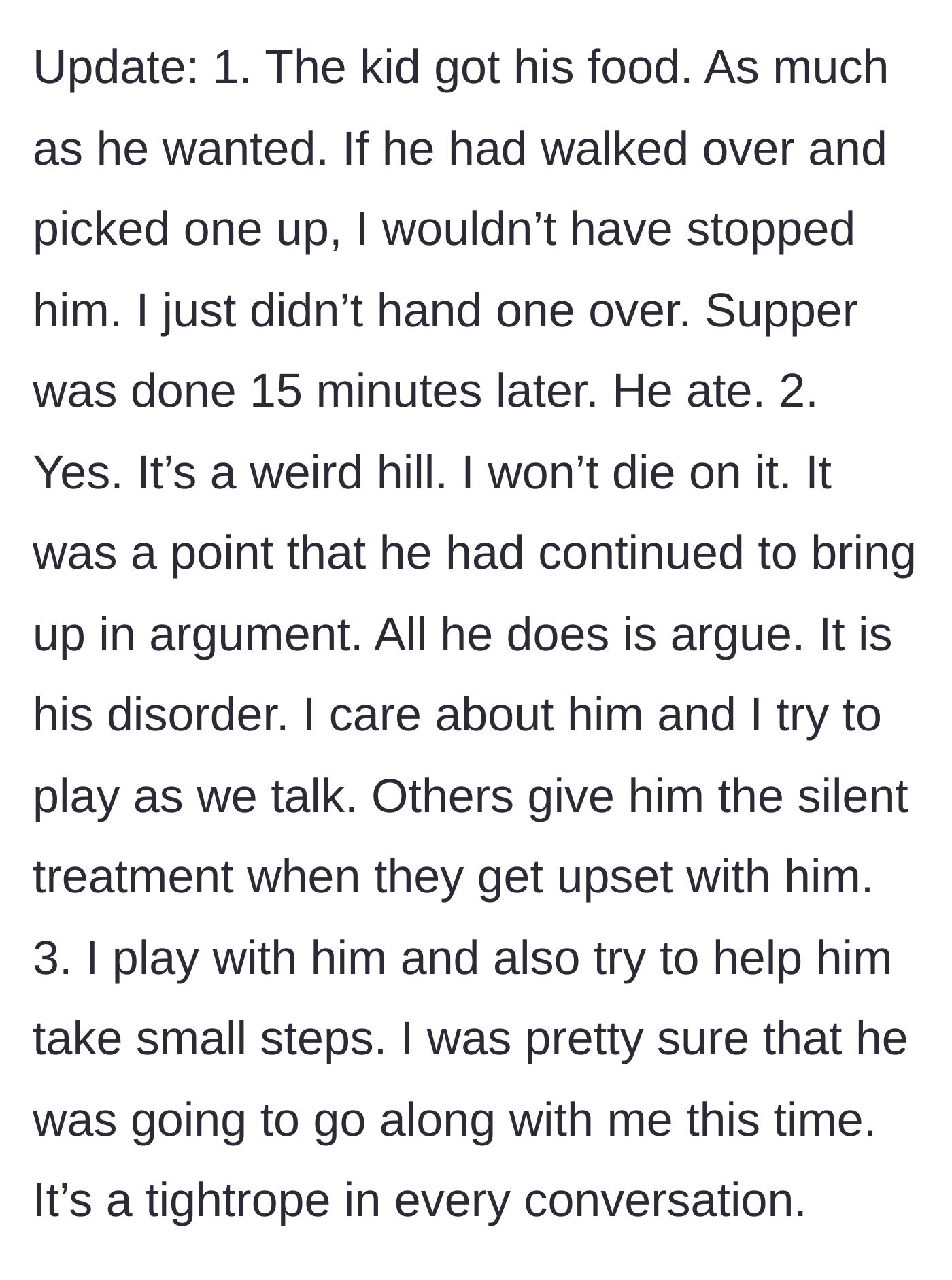 Story part 6 - An update revealing the teen eventually ate dinner normally, as the cook explains her nuanced approach to his behavioral needs.