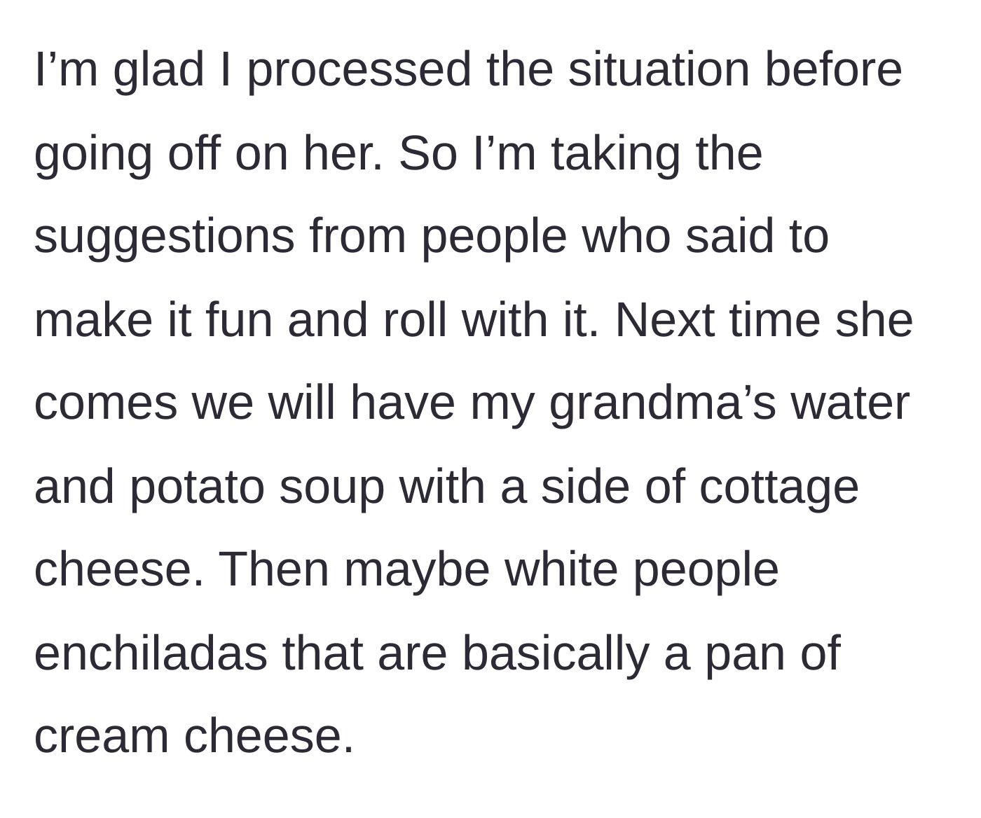 Story part 9 - The mom decides to lean into the joke and plans an aggressively bland menu for the friend's next visit.