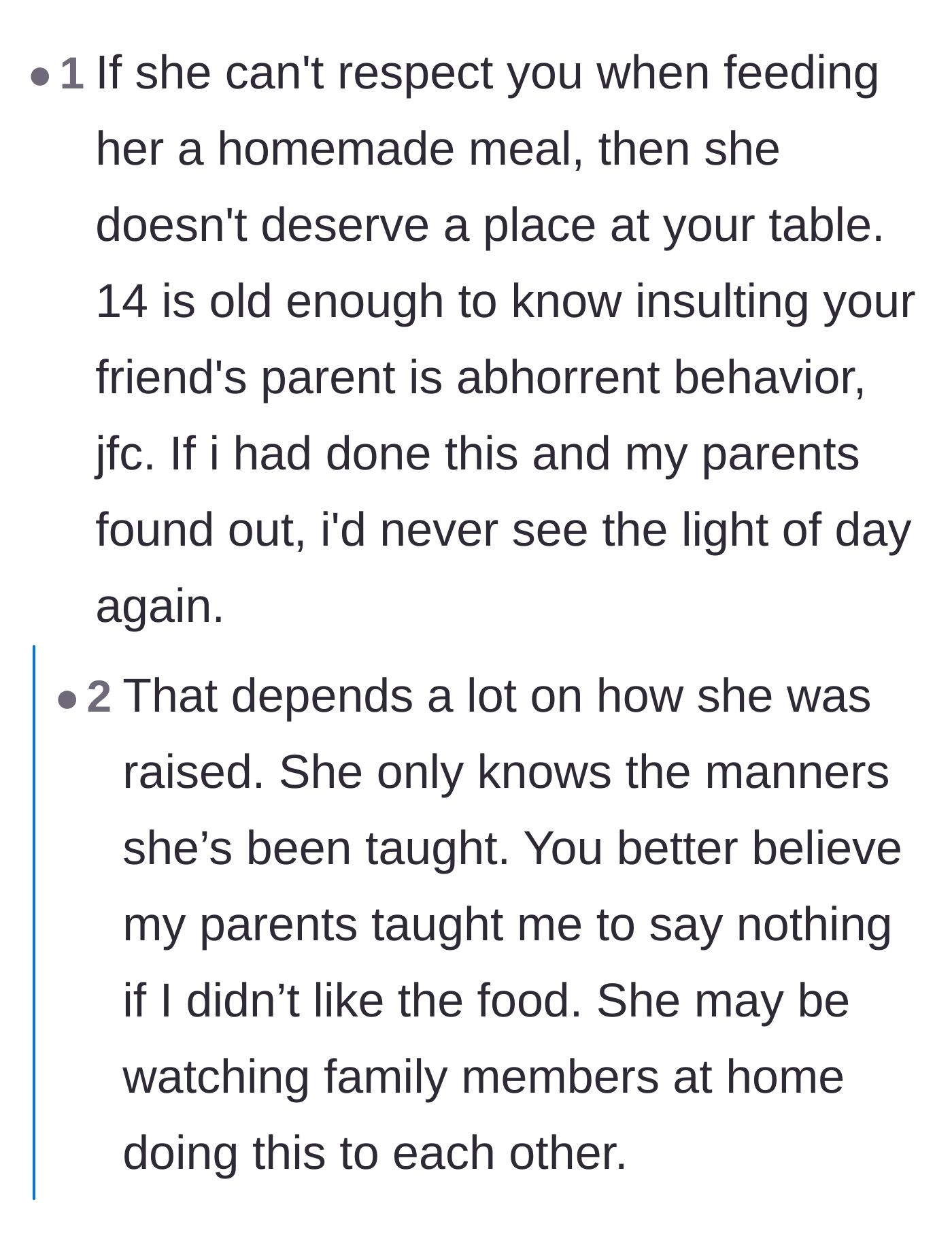 Comment thread 1 - Readers debating whether the teen's lack of basic table manners stems from bad parenting or pandemic isolation.