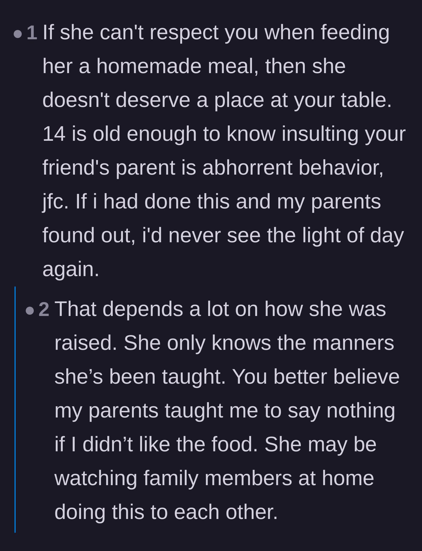 Comment thread 1 - Readers debating whether the teen's lack of basic table manners stems from bad parenting or pandemic isolation.