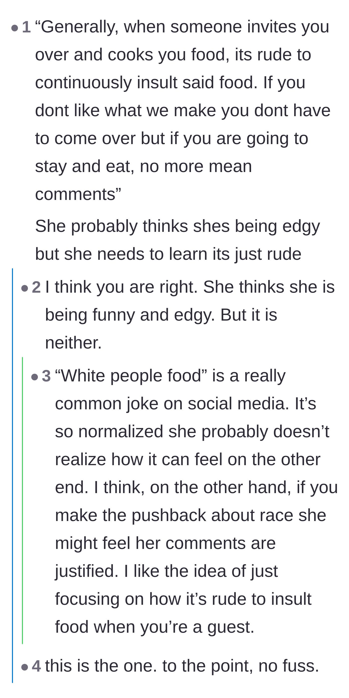 Comment thread 5 - Commenters pointing out that the teenager thinks she is being edgy and cool, but is actually just being wildly inappropriate.