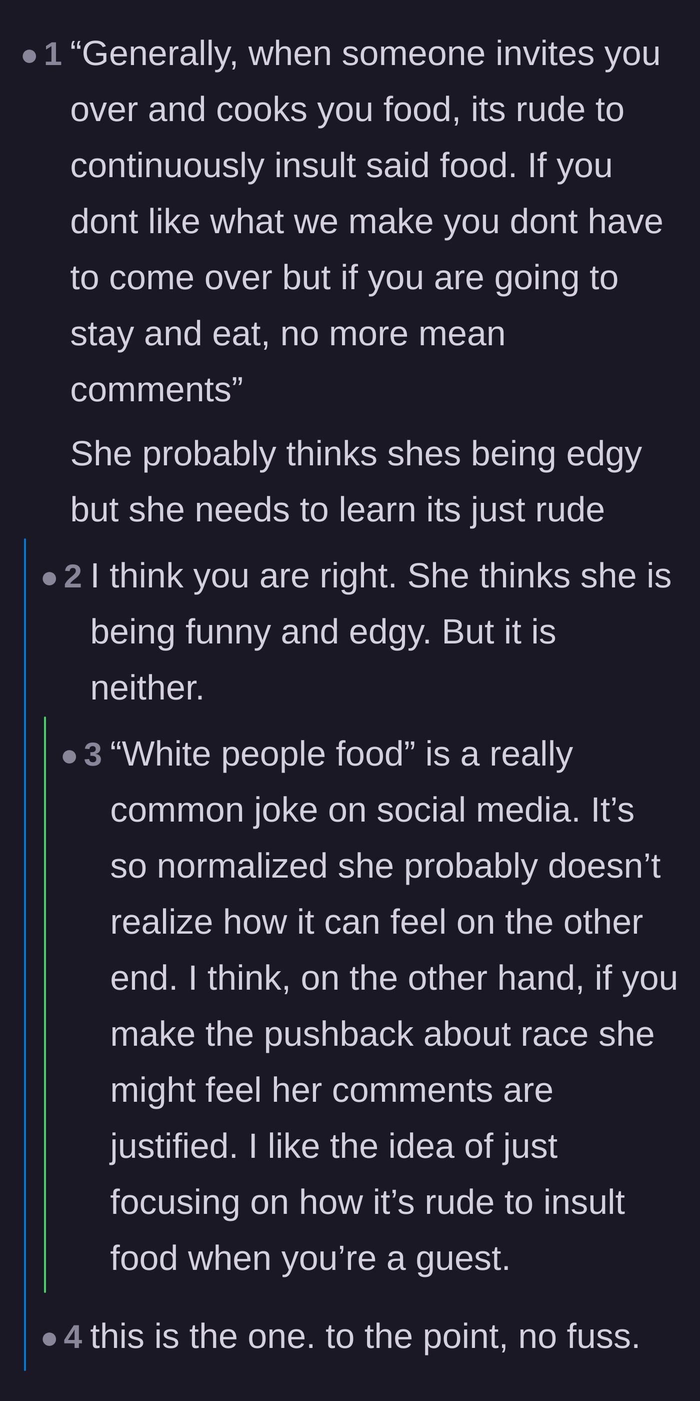 Comment thread 5 - Commenters pointing out that the teenager thinks she is being edgy and cool, but is actually just being wildly inappropriate.