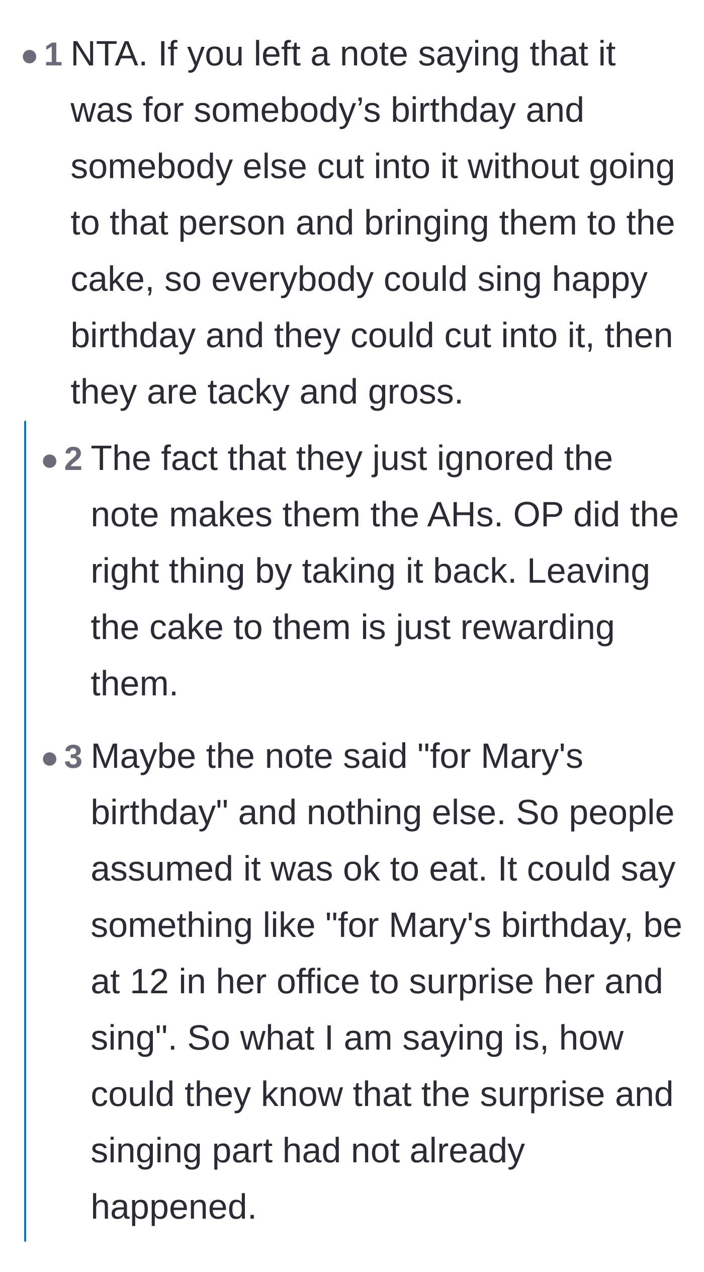 Comment thread 1 - A debate over whether the birthday note was an invitation to share or a clear boundary.