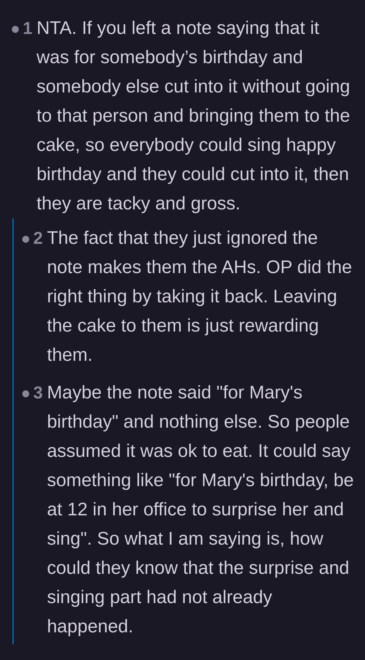Comment thread 1 - A debate over whether the birthday note was an invitation to share or a clear boundary.