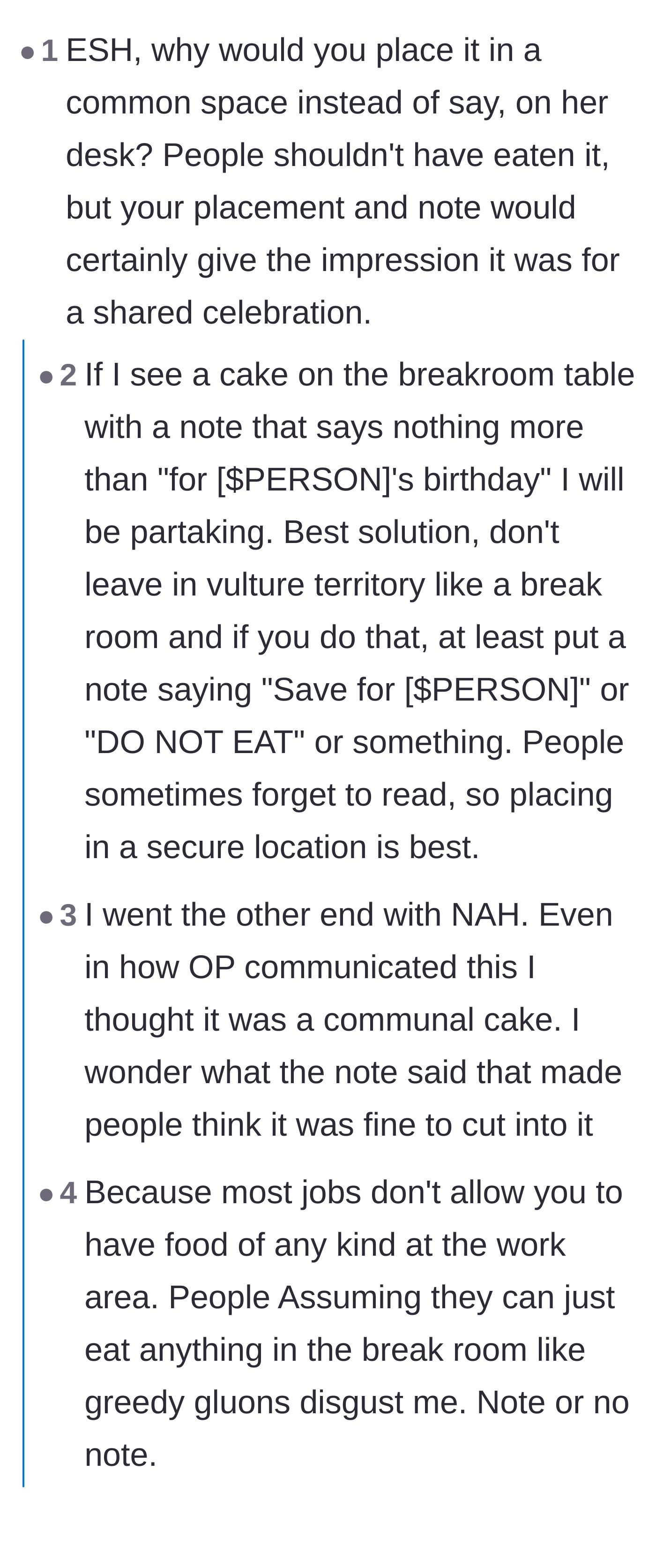 Comment thread 2 - Arguing about whether placing a cake in the breakroom automatically makes it communal property.