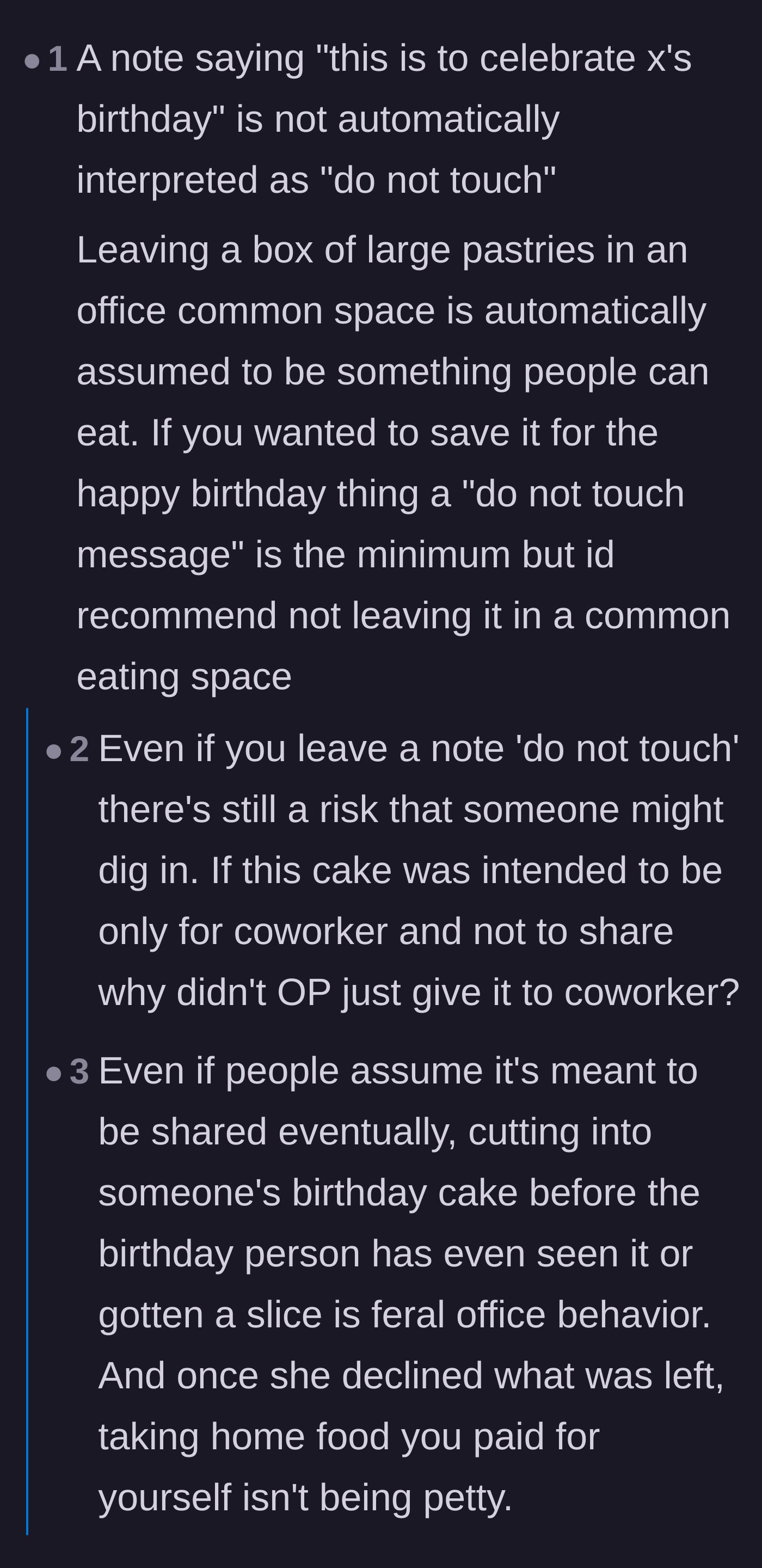 Comment thread 5 - Sharing wild horror stories of coworkers throwing away or stealing homemade baked goods.
