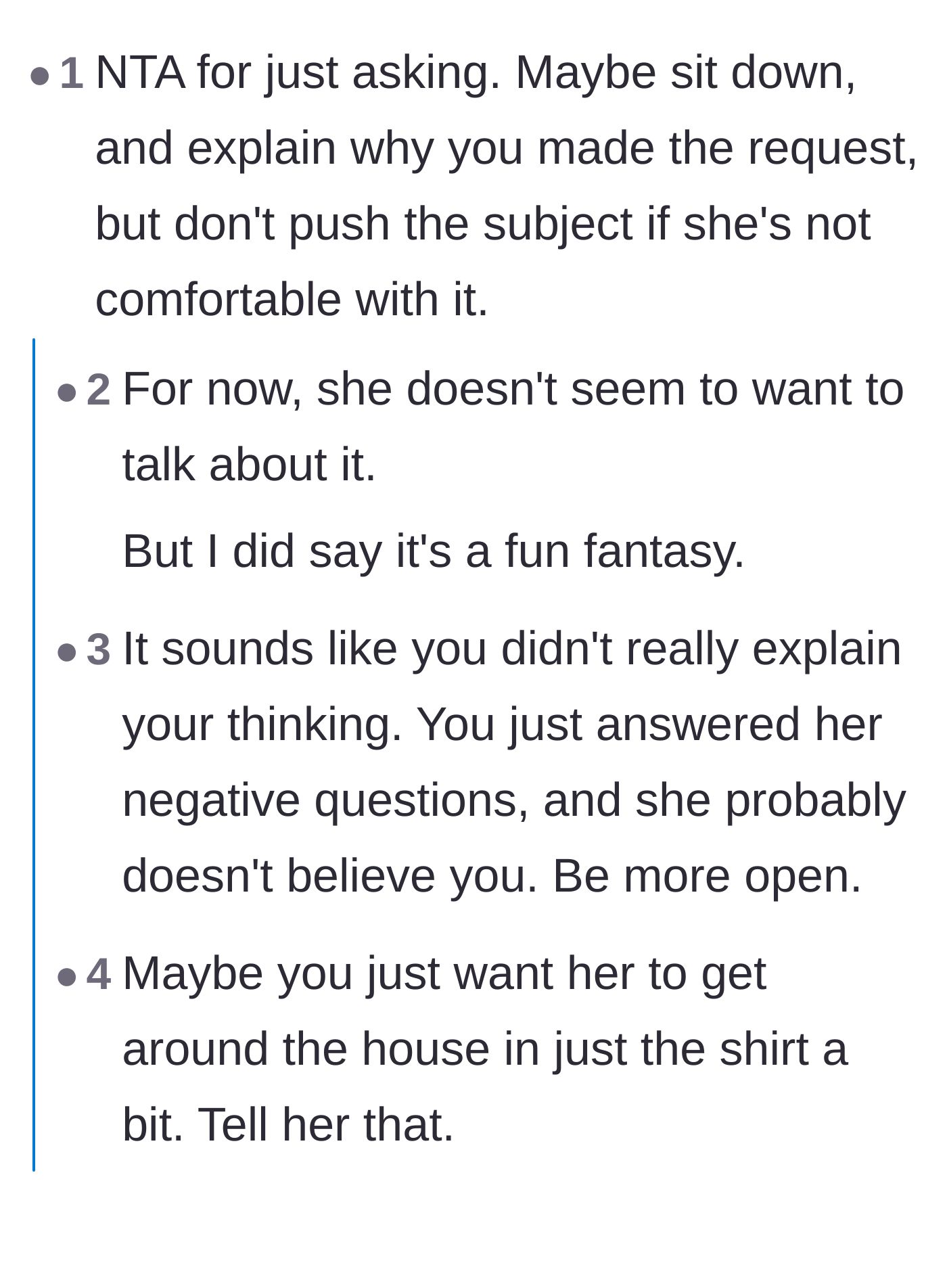 Comment thread 1 - Advice on how the husband can re-explain his fantasy without comparing his wife to other women.