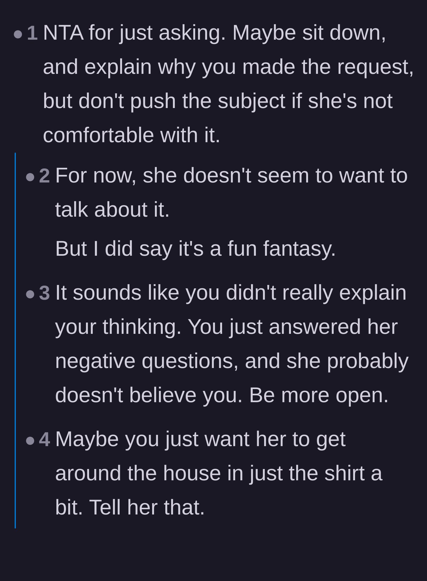 Comment thread 1 - Advice on how the husband can re-explain his fantasy without comparing his wife to other women.