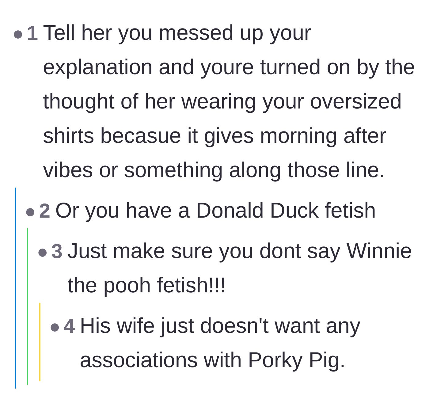 Comment thread 2 - Commenters suggesting he reframe the request as a romantic 'morning after' fantasy.