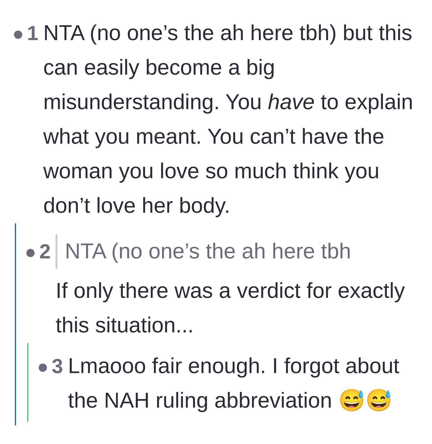 Comment thread 3 - Discussion concluding that neither partner is the bad guy in this painful situation.