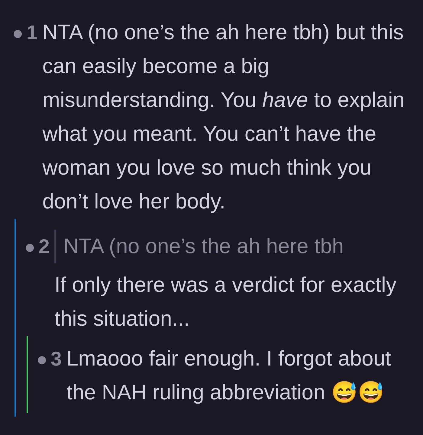 Comment thread 3 - Discussion concluding that neither partner is the bad guy in this painful situation.