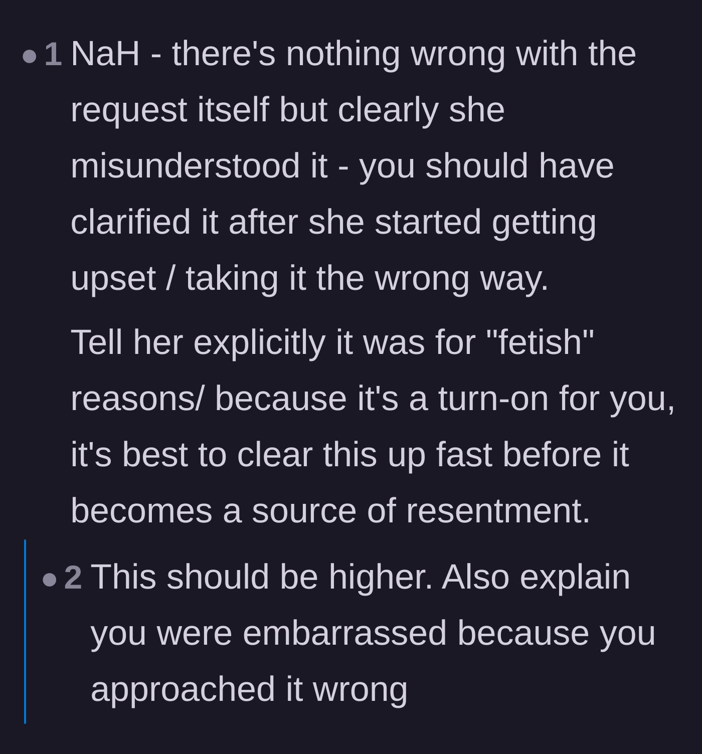Comment thread 4 - Advice urging the husband to explicitly explain his turn-on before resentment builds up.