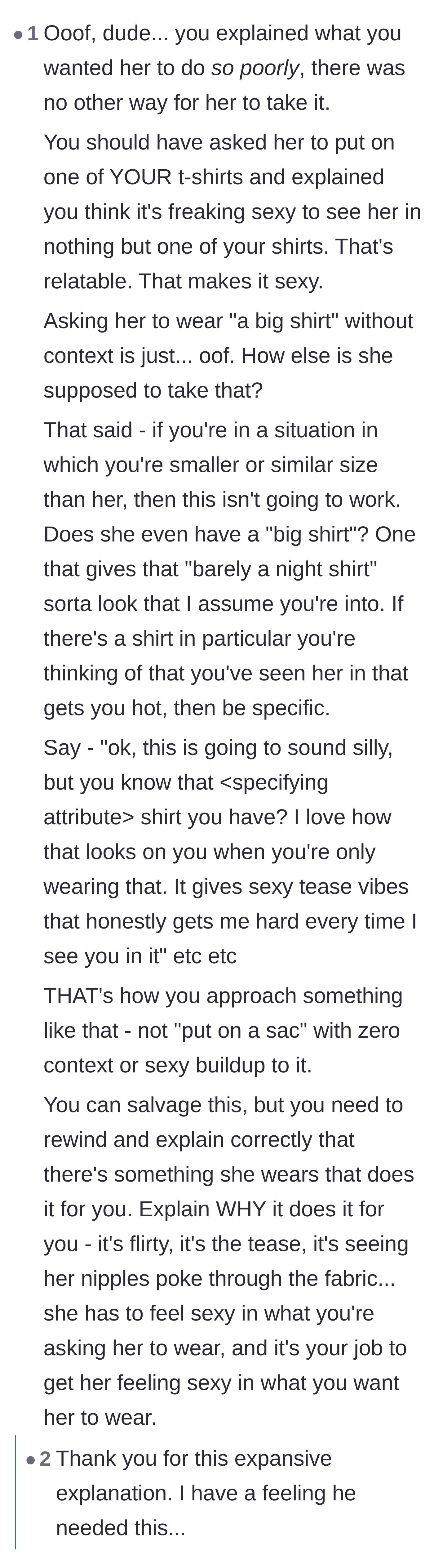 Comment thread 5 - A tough-love critique of the husband's poor phrasing and why asking her to wear a 'big shirt' sounded so hurtful.