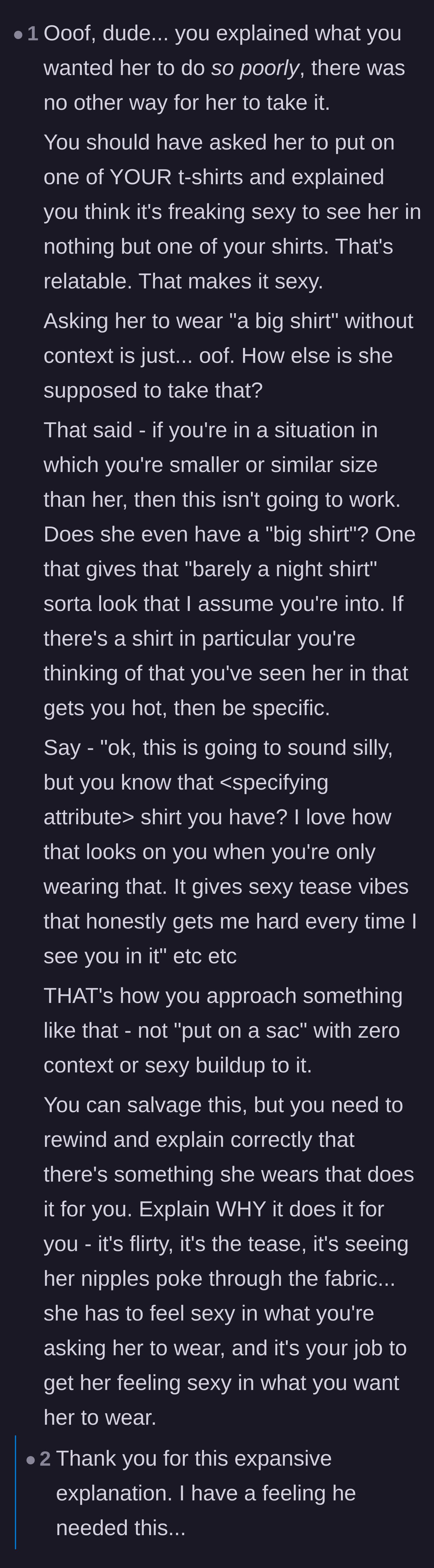 Comment thread 5 - A tough-love critique of the husband's poor phrasing and why asking her to wear a 'big shirt' sounded so hurtful.
