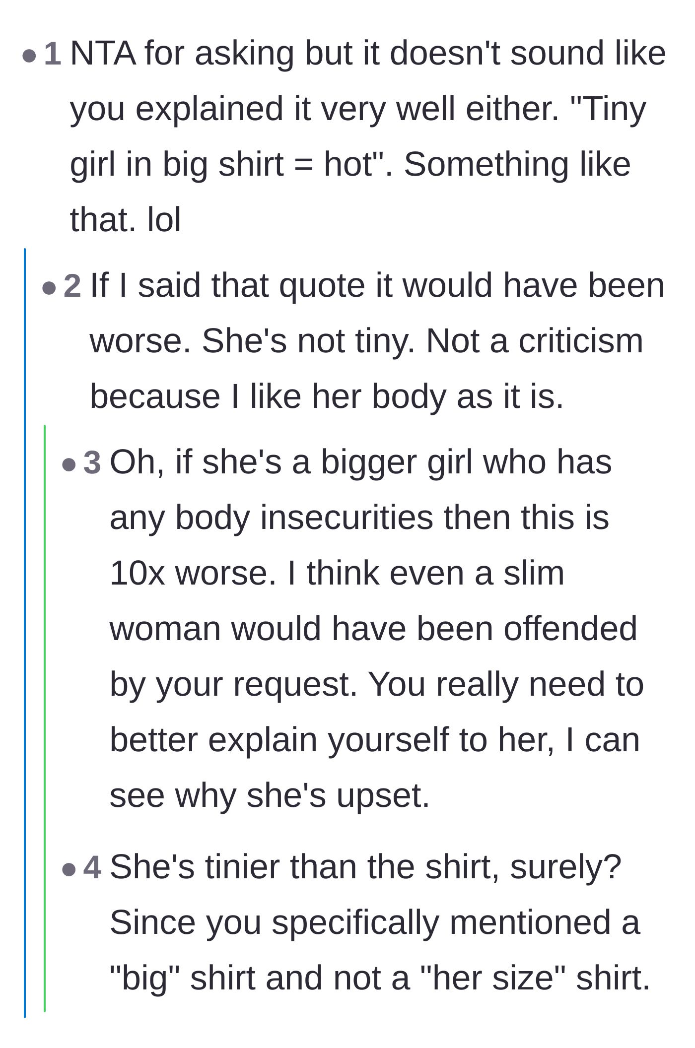 Comment thread 6 - The husband clarifying his wife's body type, followed by commenters offering romantic scripts to explain his desire.