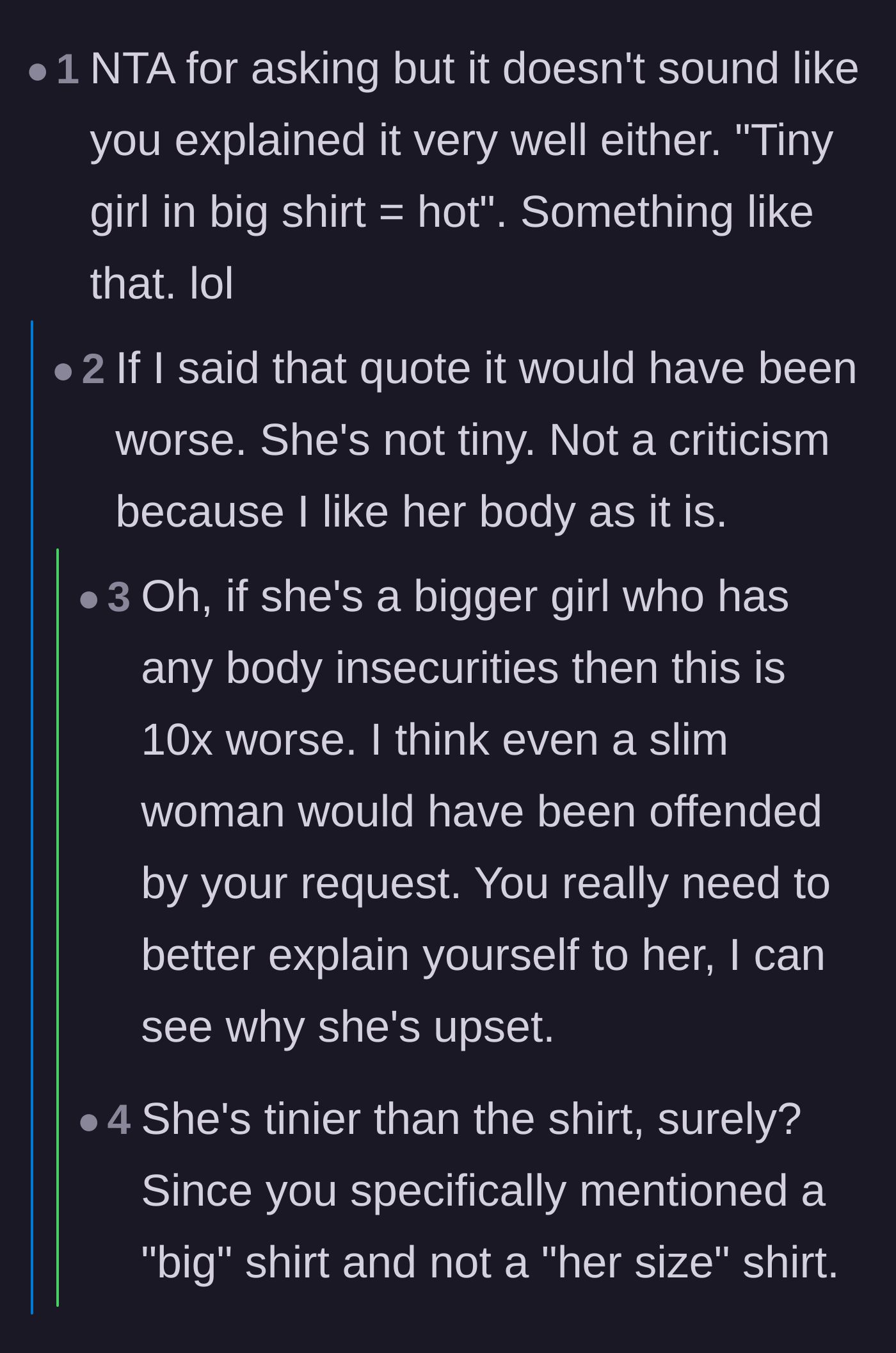 Comment thread 6 - The husband clarifying his wife's body type, followed by commenters offering romantic scripts to explain his desire.